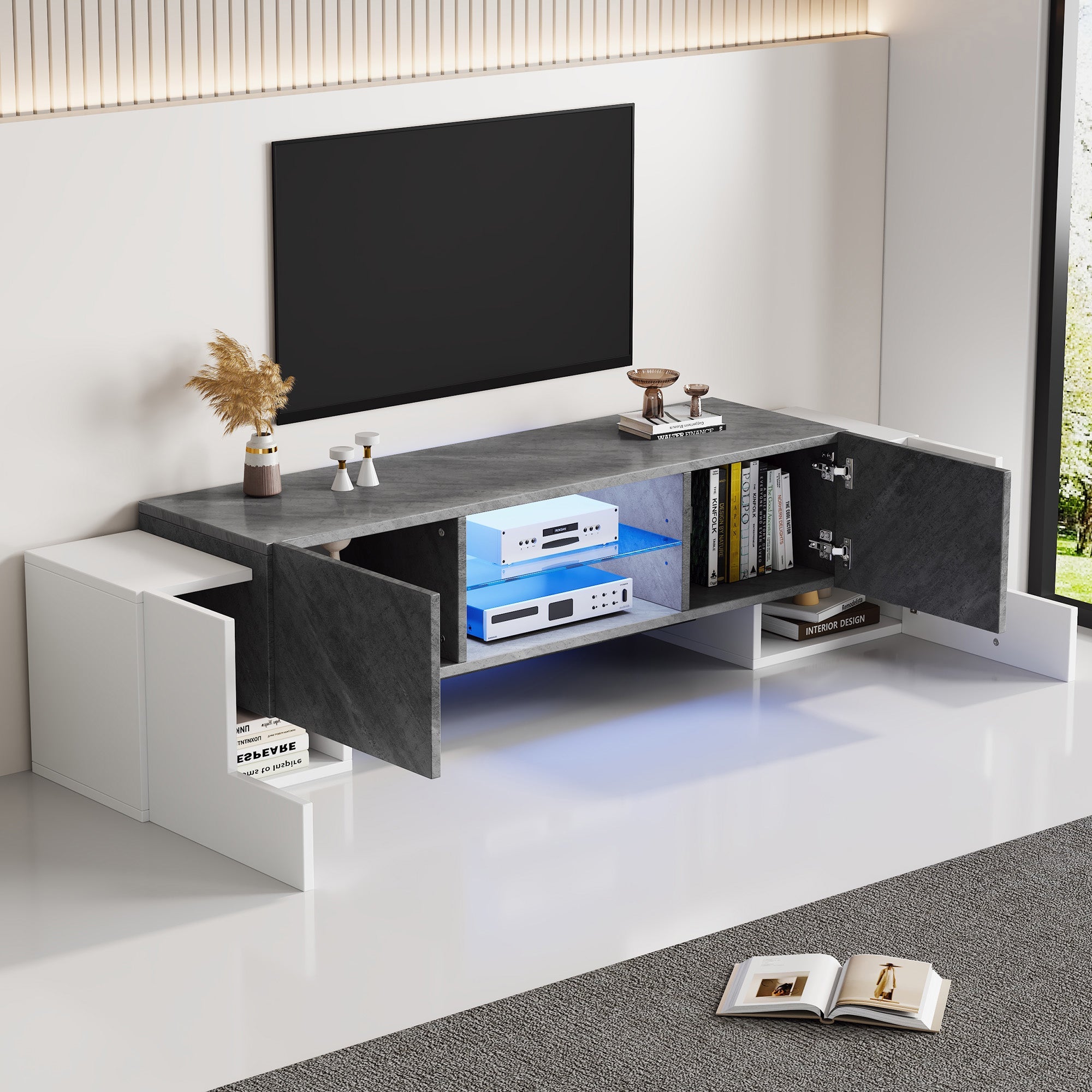 TV Cabinet 180*40*46.5cm, Lowboard with Bluetooth LED, White & Gray