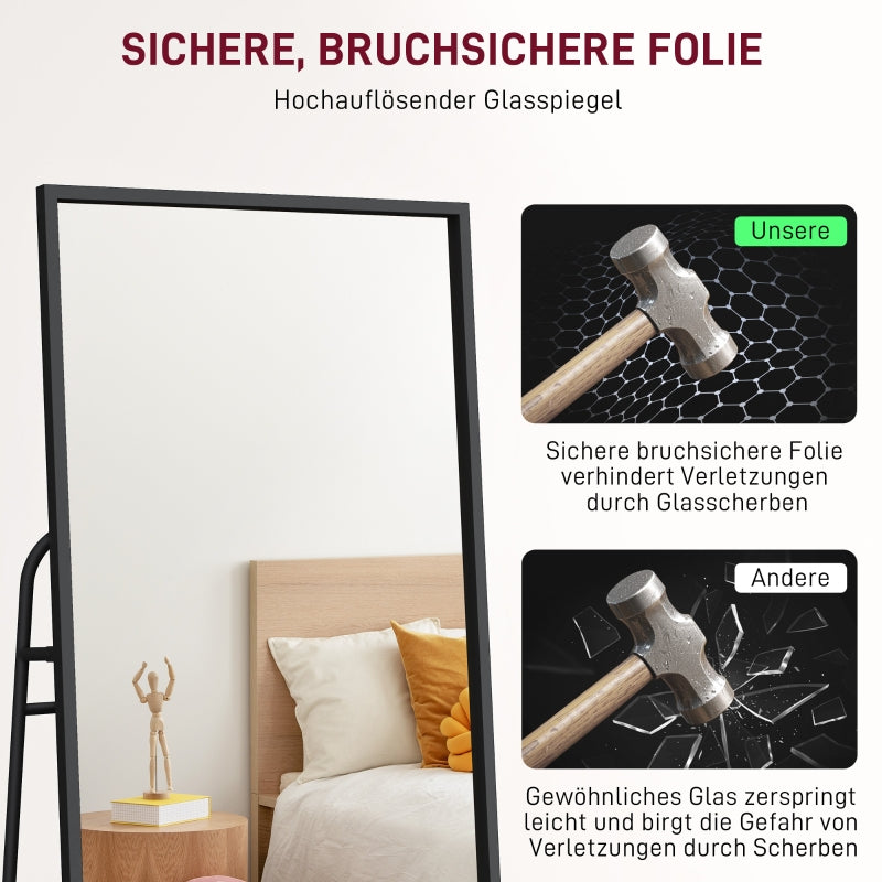 Ganzkörperspiegel, Industriedesign, Ablage hinten, 2 Haken, Metall, Schwarz