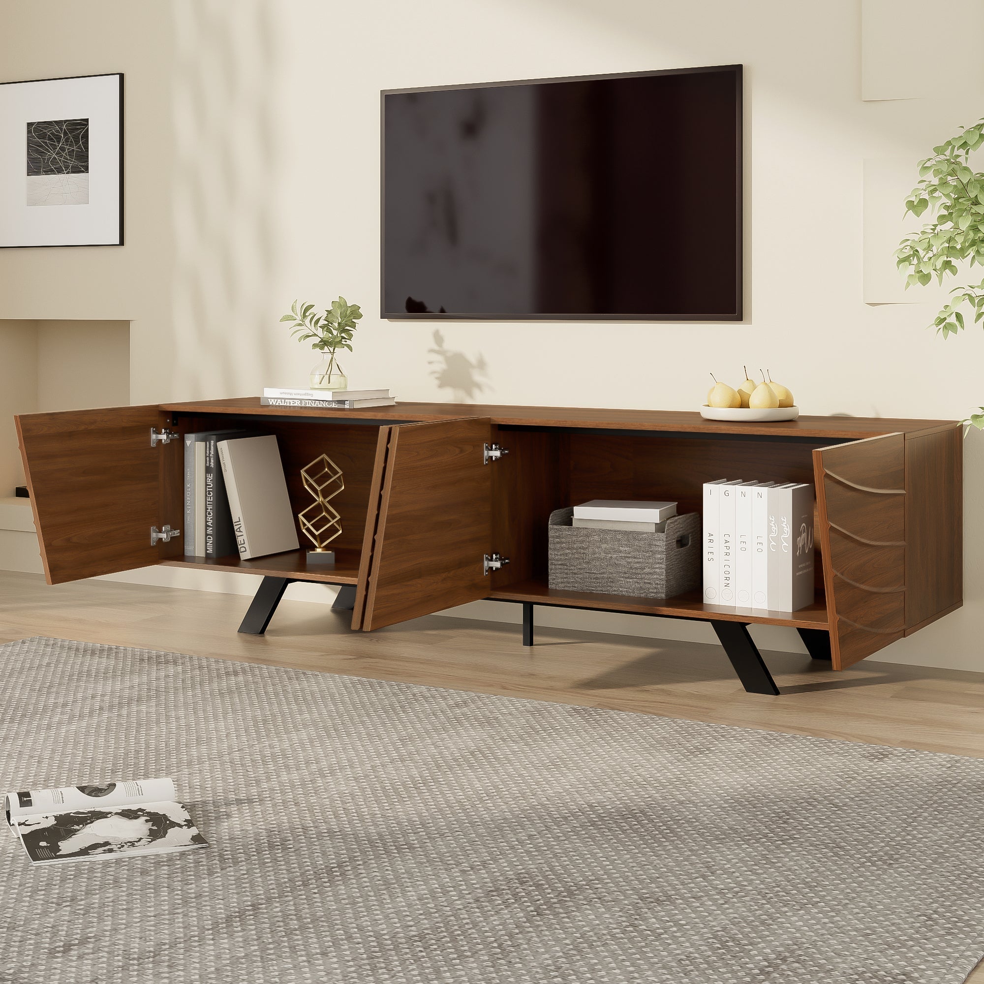 TV Cabinet Lowboard Modern Wave Front 160cm Large Storage Walnut/Black