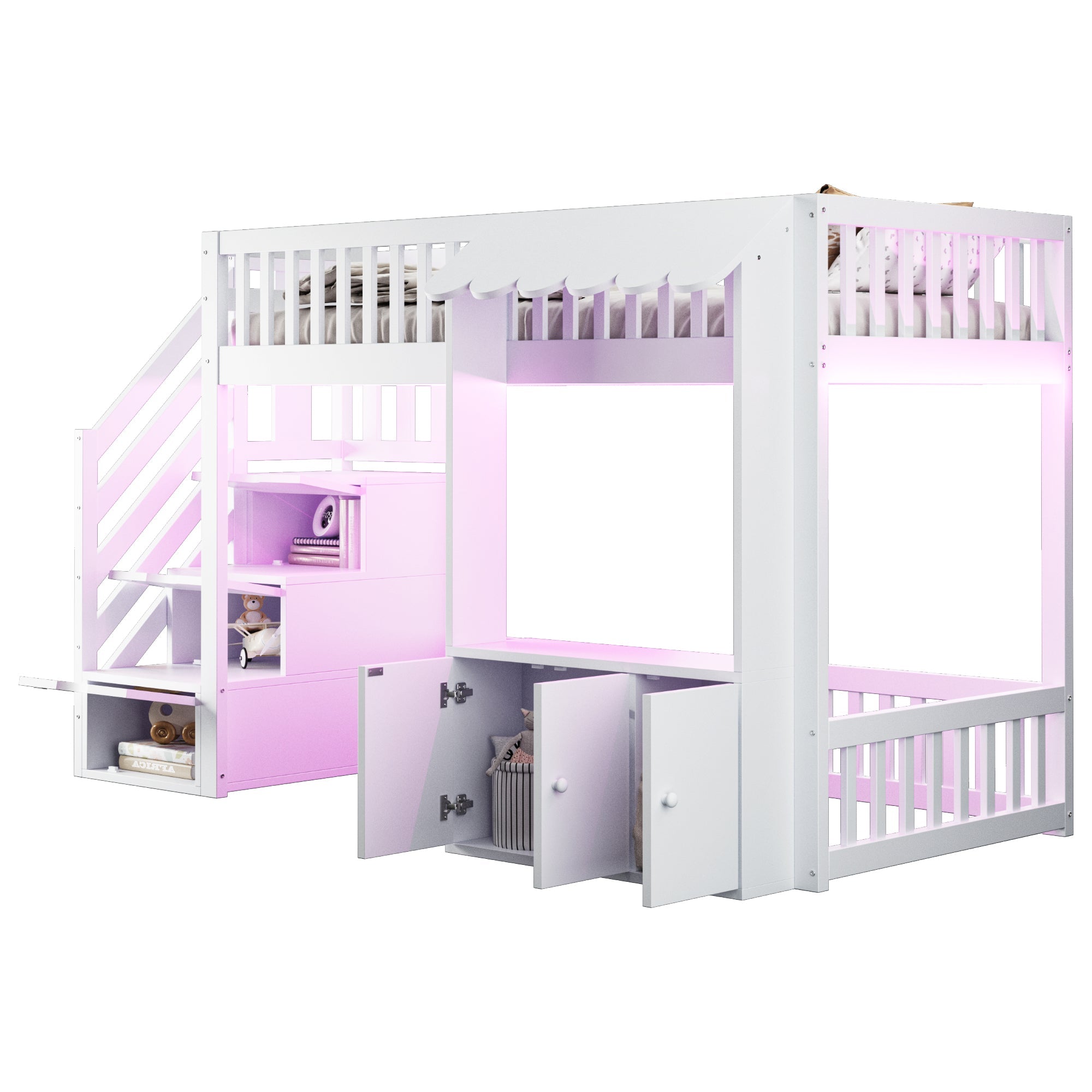 Wooden Loft Bed with Storage Wardrobe, Stairs and LED Light, 90x200cm, White Wood