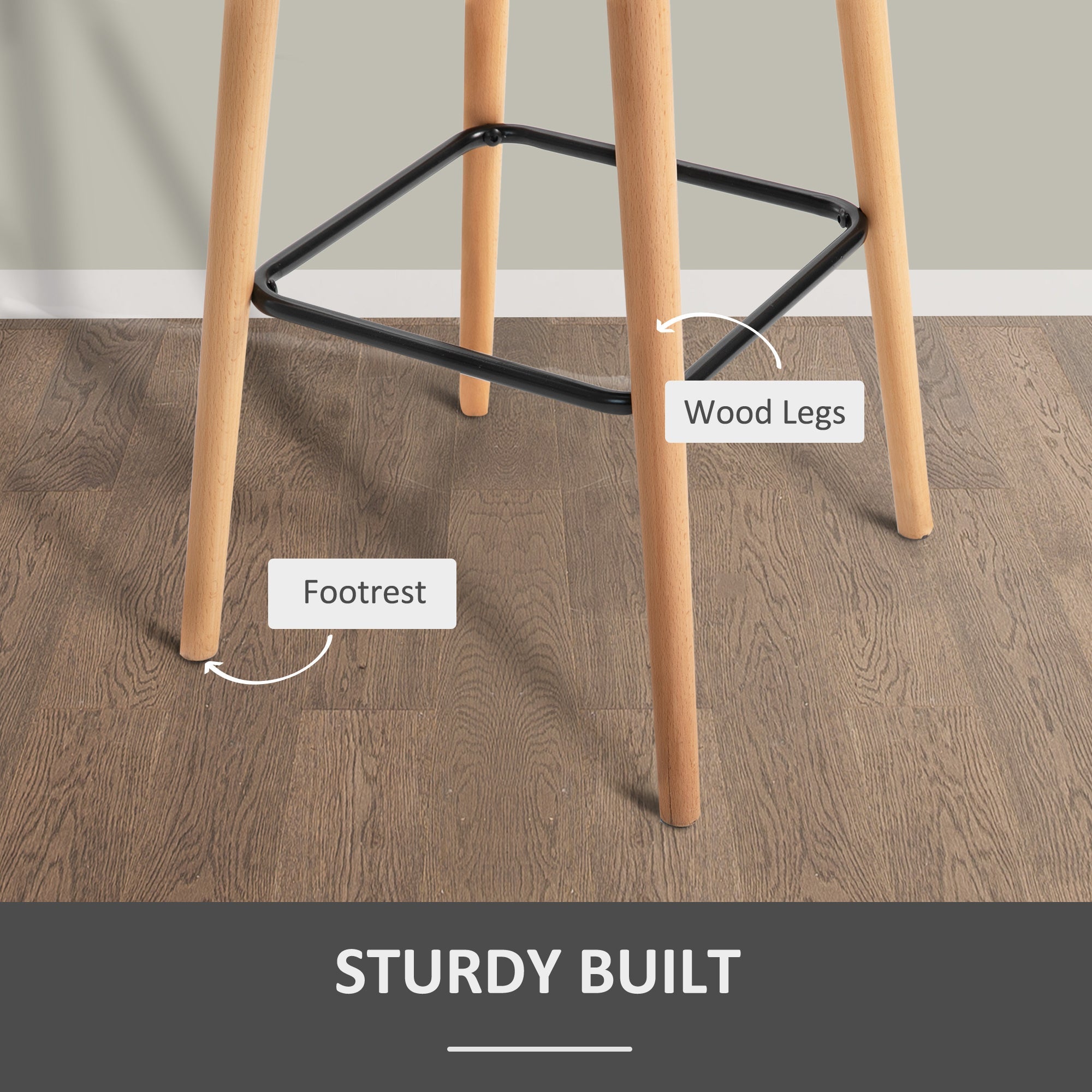 Set of 2 Bar Stools Modern Upholstered Seat Bar Chairs, Metal Frame, Solid Wood Legs, Grey Fabric