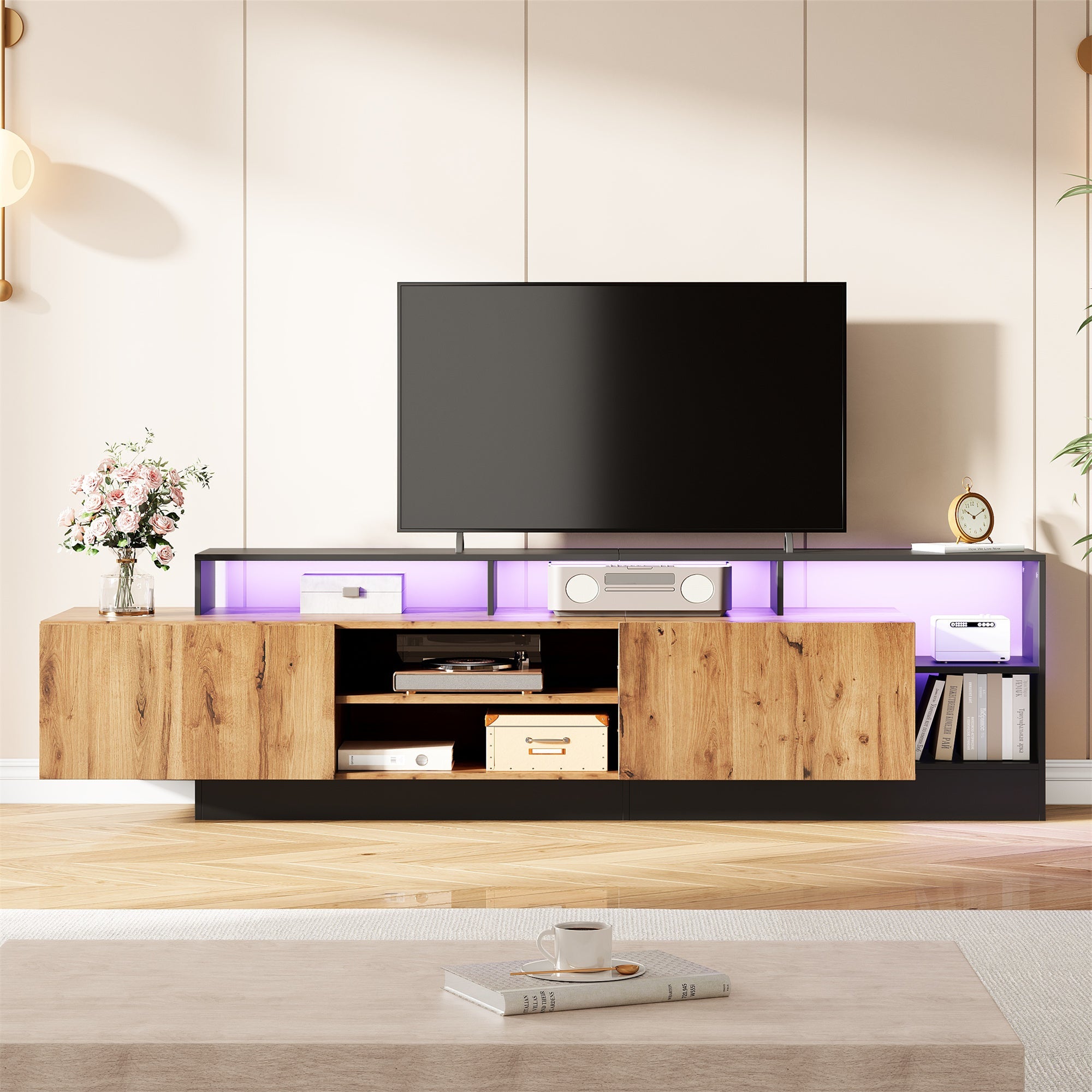 TV Cabinet 70 Inch Open Storage LED Display Wood/Black Frame