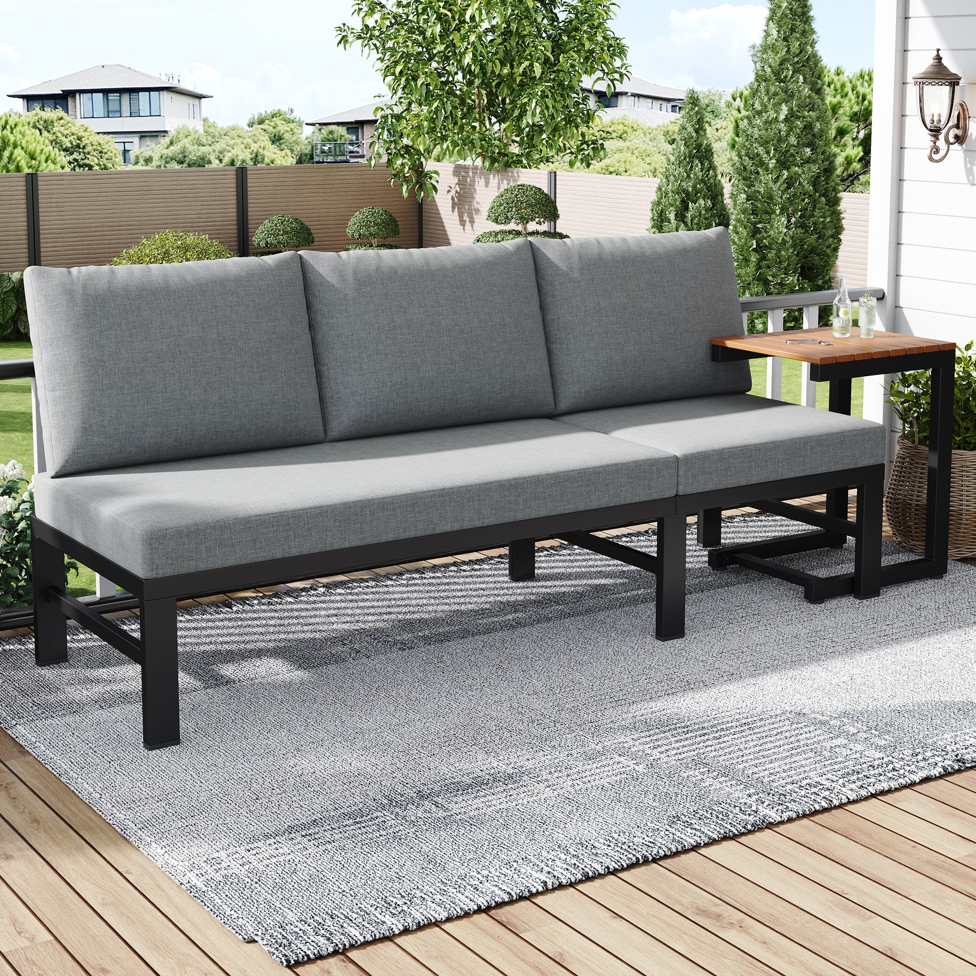 Garden Furniture Set, 3-Seater Outdoor Sofa with Reclining Function and Table, Grey
