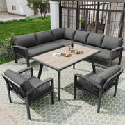 Garden Lounge Set 8-Person Rope Design Large Table Wood Grain - Grey