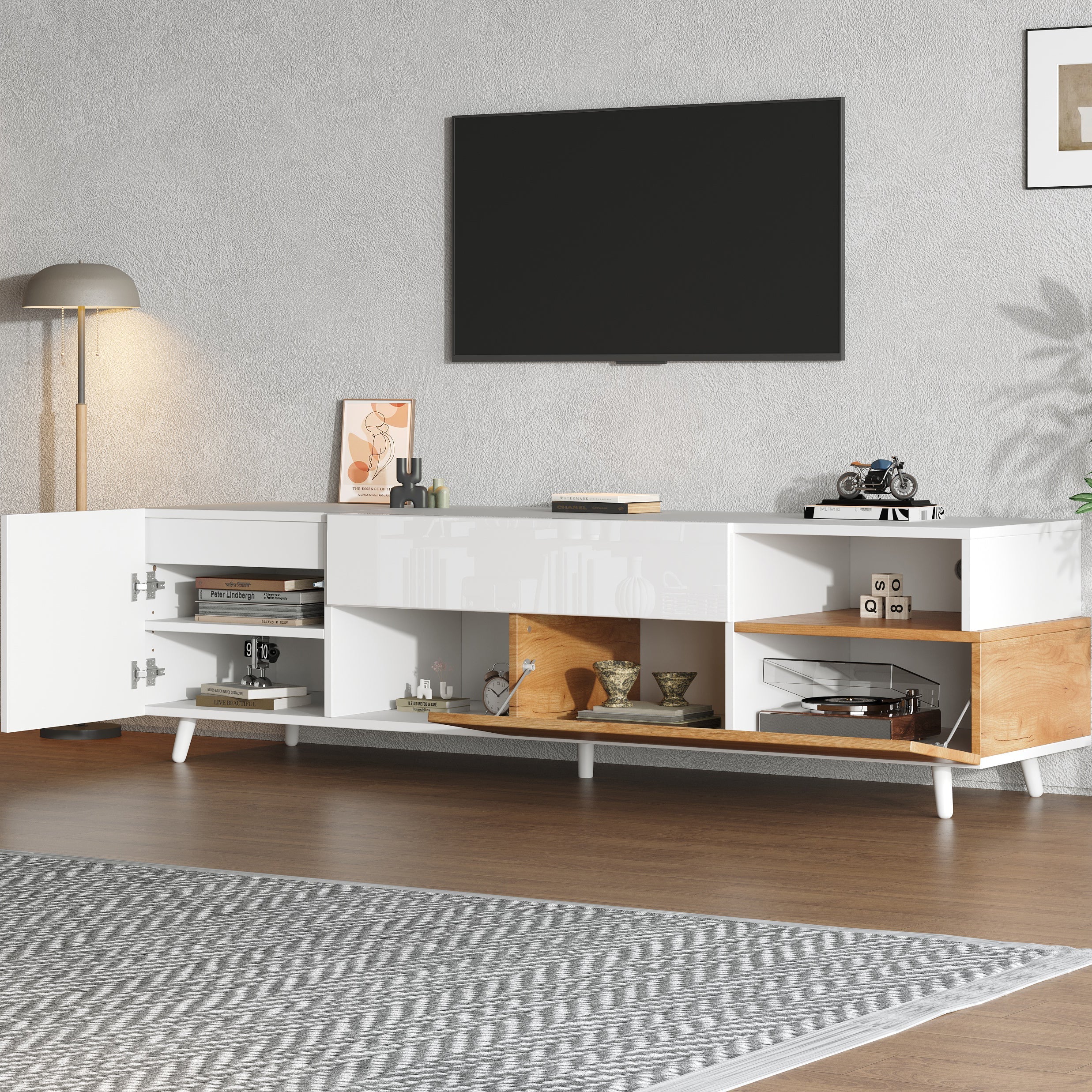 TV Cabinet, 180cm Lowboard with 1 Drawer & 7 Compartments, High-Gloss Finish