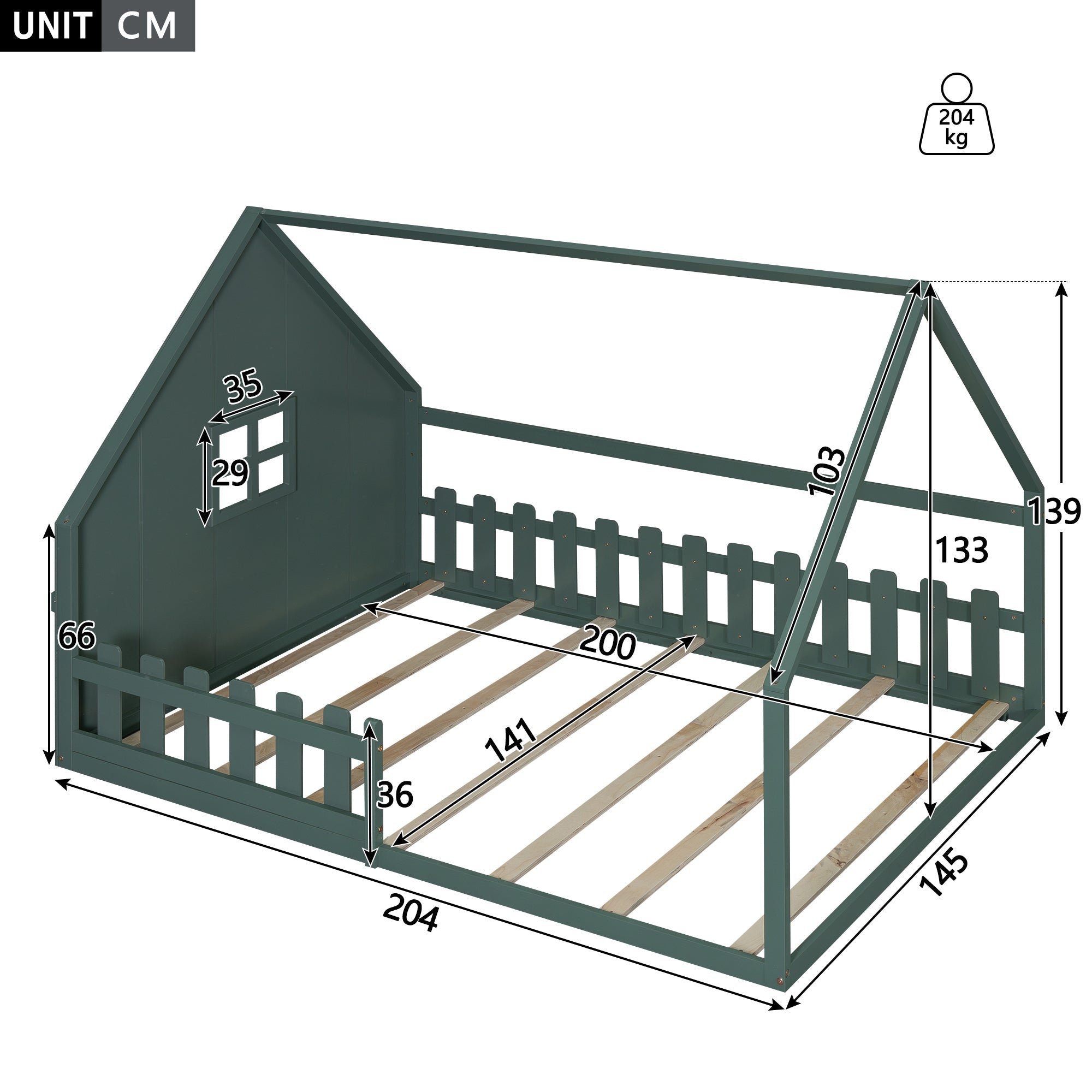 Flatbed 140x200cm House Rail Railing Pine Wood - Green