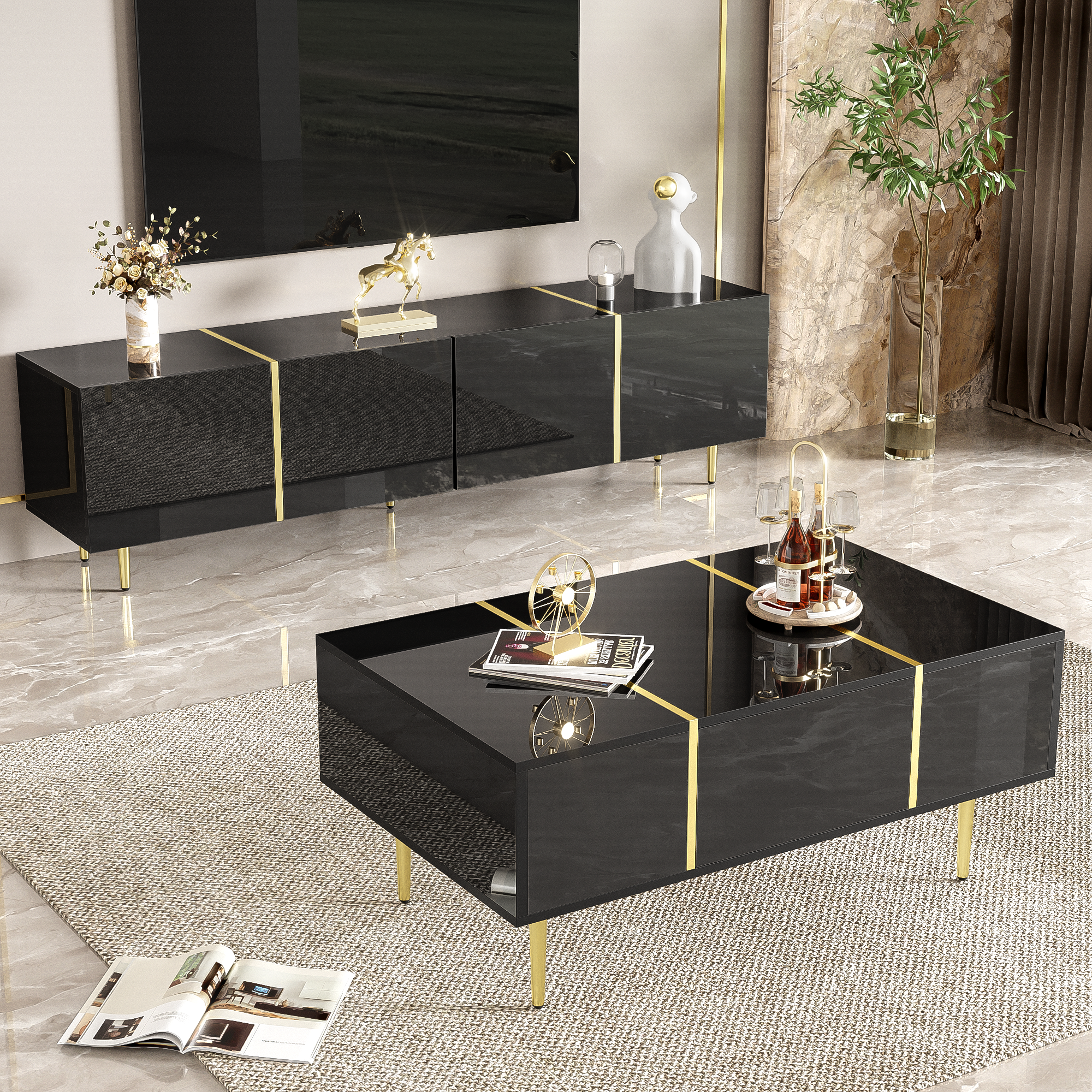TV Cabinet and Coffee Table Set, High Gloss, Black