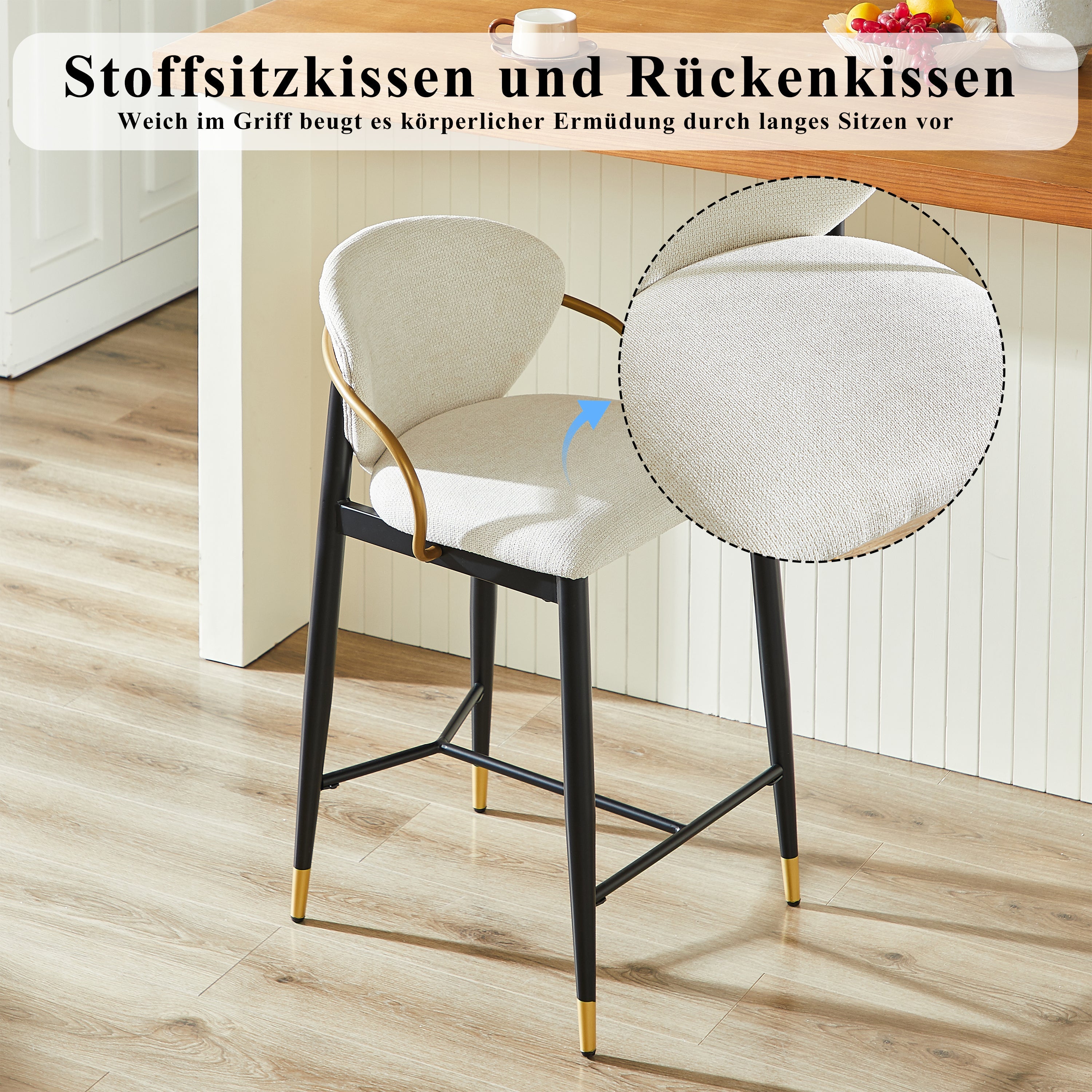 Height-adjustable Bar Stool Set of 2 with Backrest and Footrest, Beige Chenille