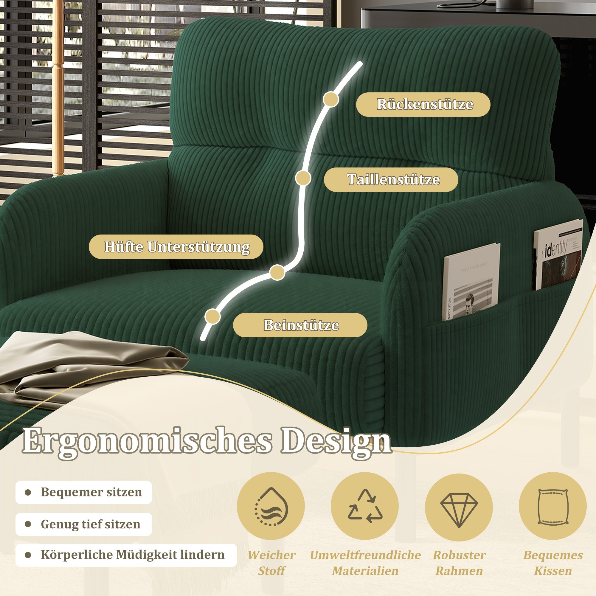 Velvet Sofa/Chair Comfortable Deep Seat Pockets, Velvet Fabric