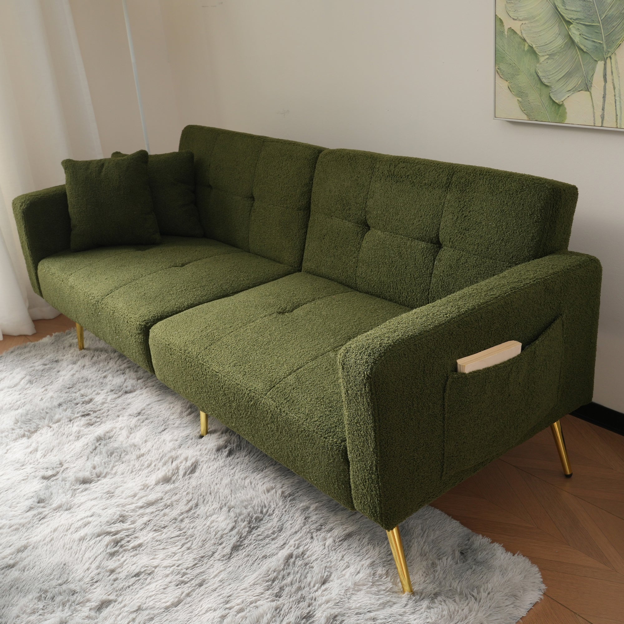 Sofa Bed with Adjustable Backrest, Gold Legs, Cushions and Side Storage Pockets