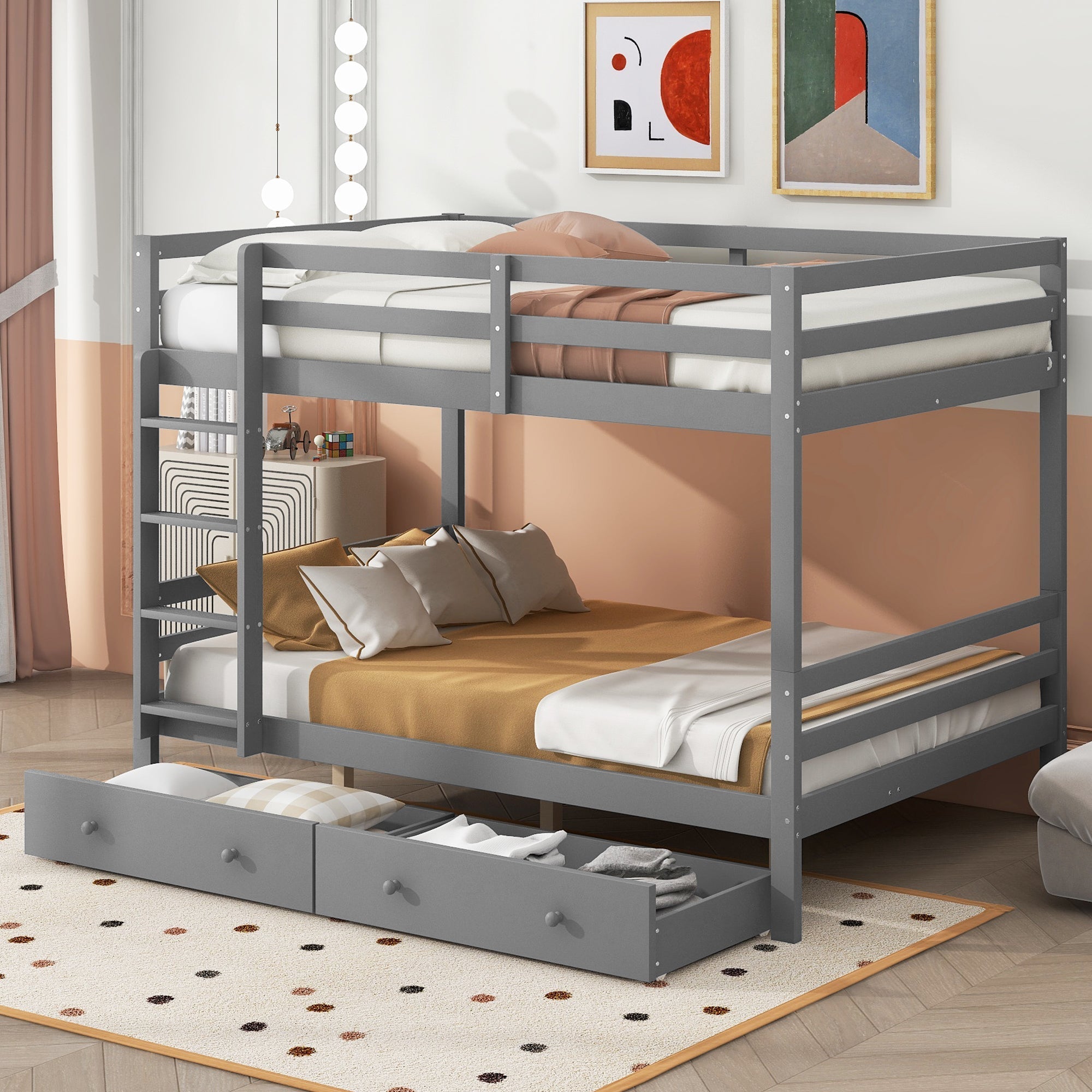 Bunk Bed 140x200cm Drawers Storage High Railings - Grey