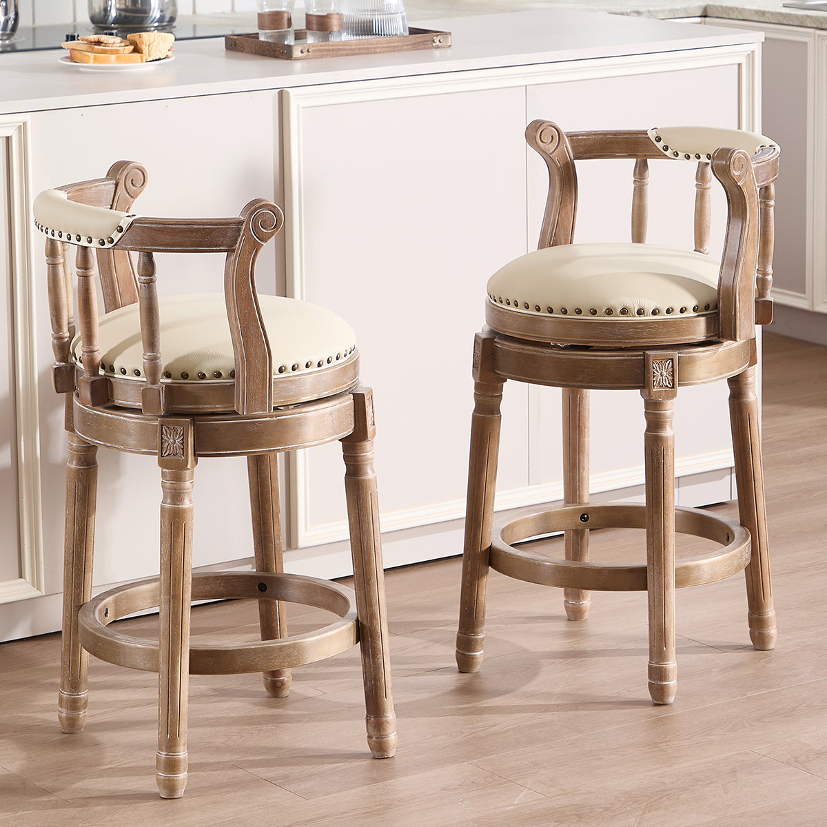 Bar Stools 360° Swivel with Backs - Cow Top Leather and Wood