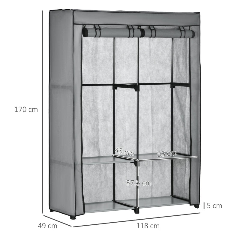 Steel Frame Fabric Wardrobe with Rail and Shelves, Light Grey