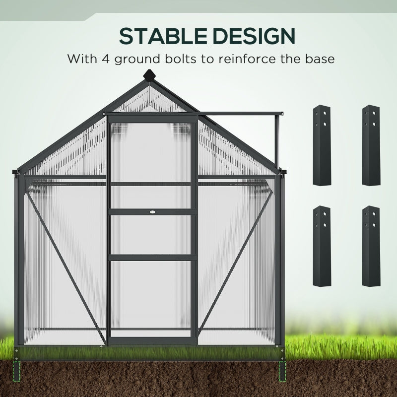 6x4ft Greenhouse, Polycarbonate Walk-In with Sliding Door & Aluminium Frame, Grey
