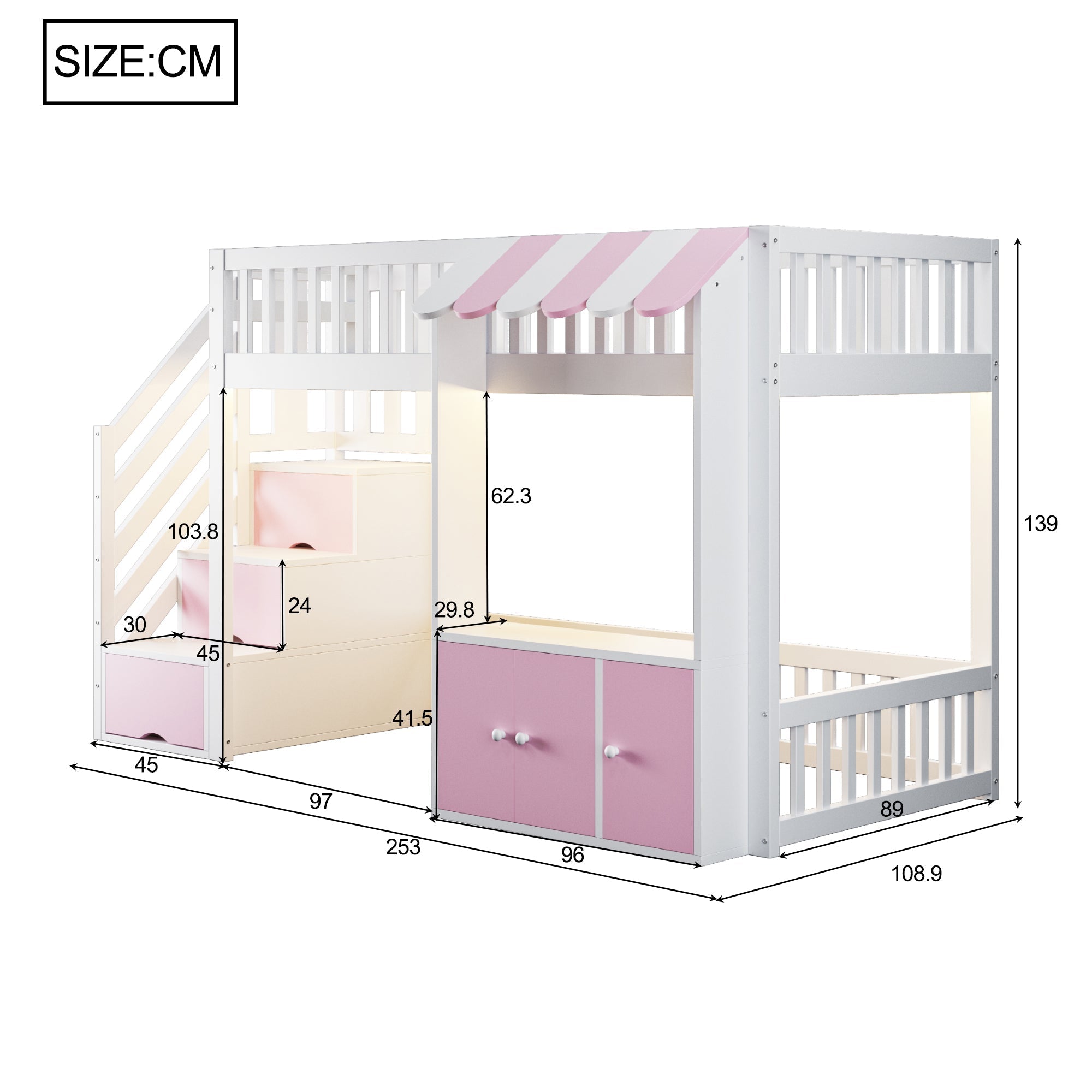 Loft Bed 90x200cm with Storage Stairs Wardrobe LED Light Wooden Pink
