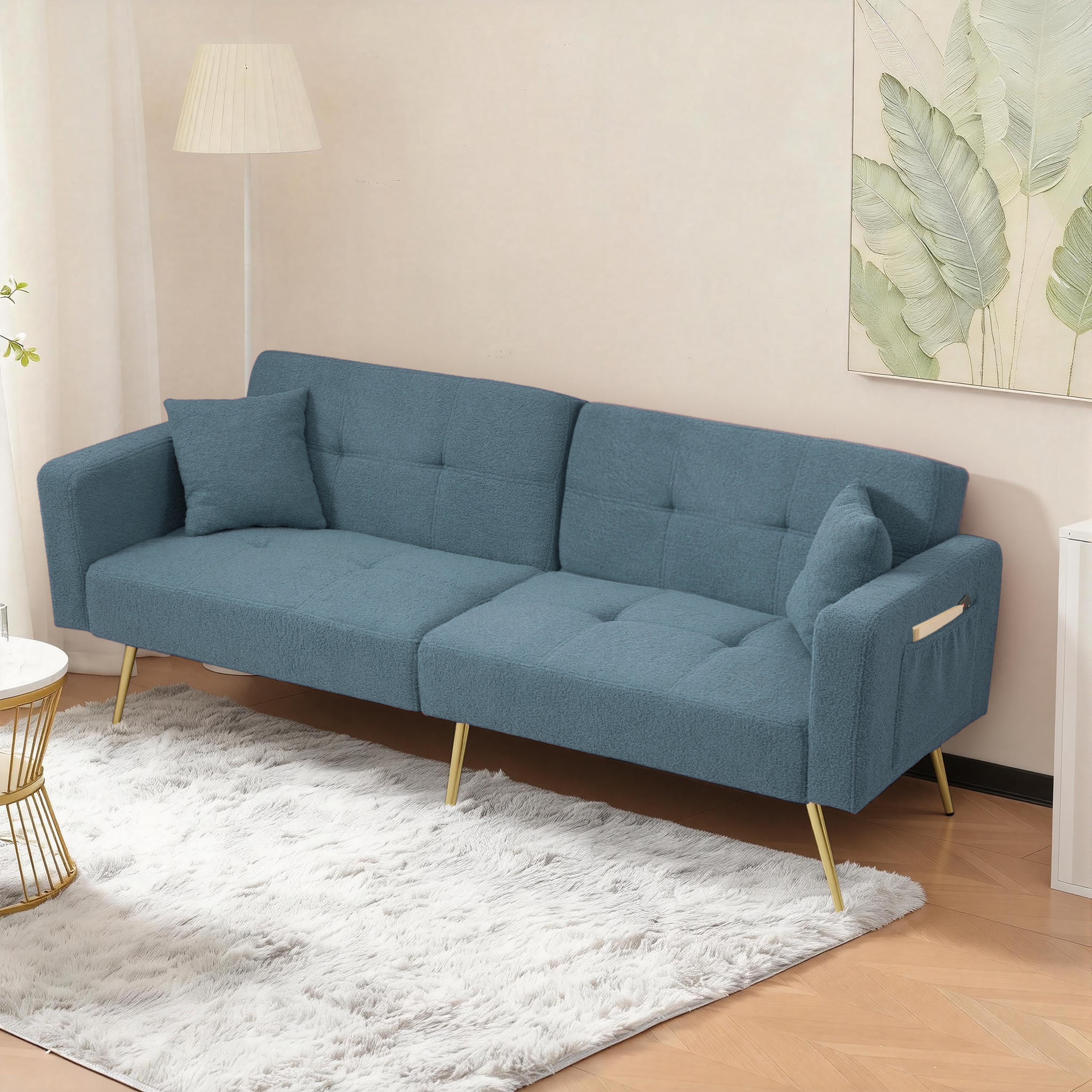Sleeper Sofa with Adjustable Angle and Side Pockets, Smog Blue Sherpa