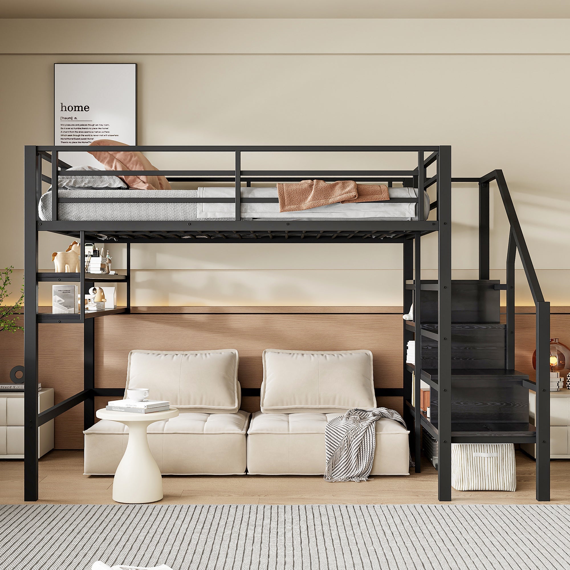 Loft Bed 140x200cm Storage Ladder Shelves Railing Black