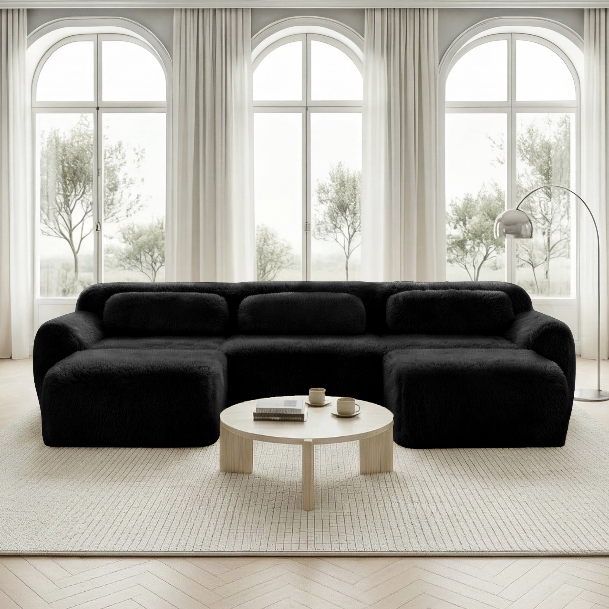 U-shaped Modular Sofa Plush Fabric No Assembly With Cushions - Black