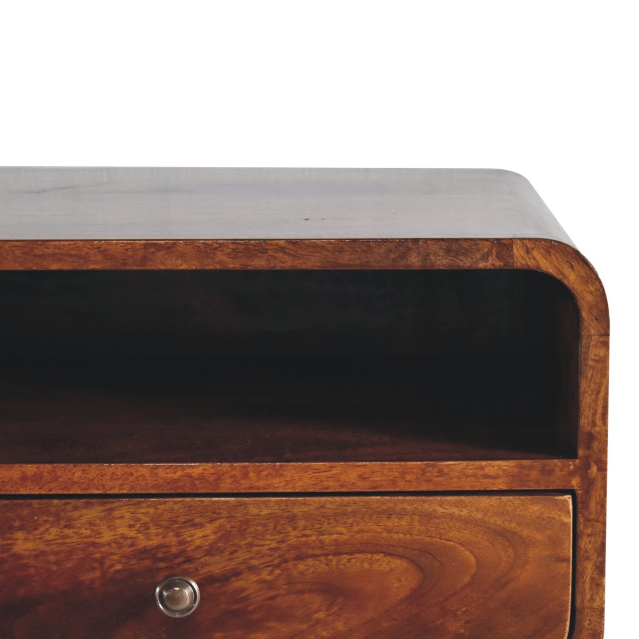 Solid Wood Floating Bedside, Large Curve 1 Drawer Open Slot, Dark Brown