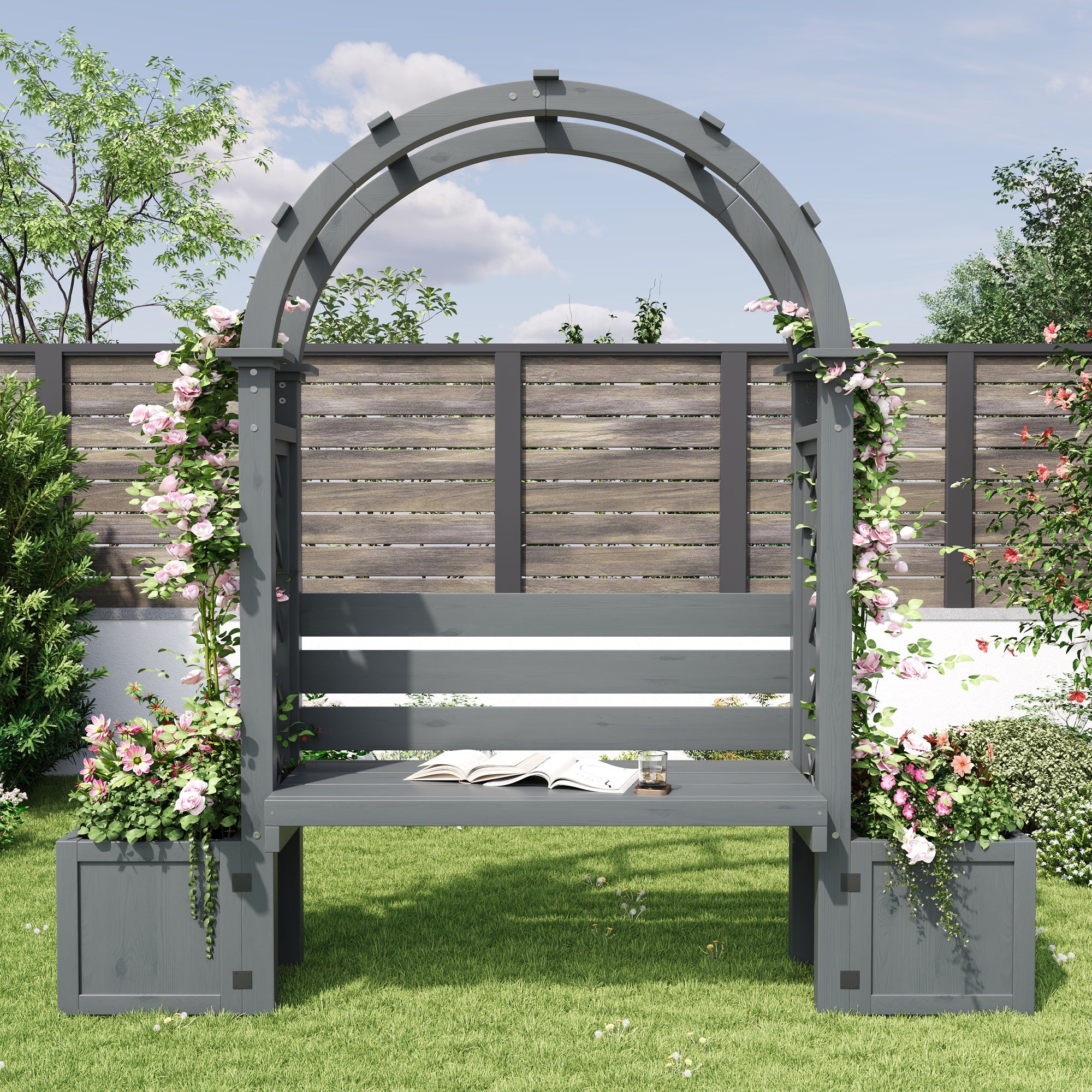 Planter with Trellis and Seating for Garden Yard and Patio, Wood