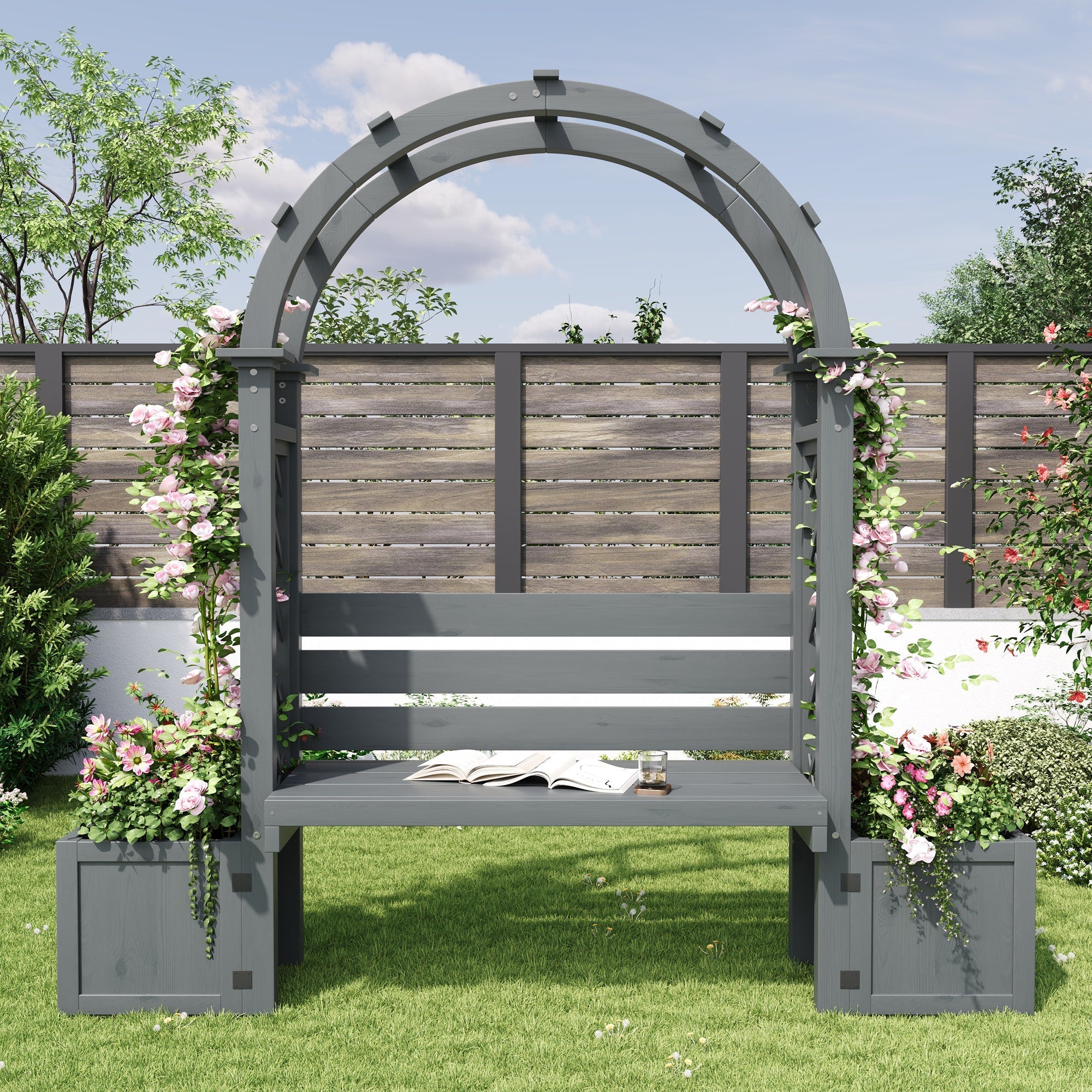 Planter with Trellis and Seating for Garden Yard and Patio, Wood