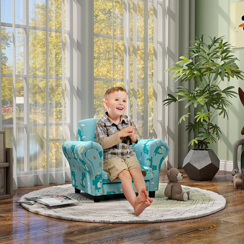 2 Piece Kids Sofa Set, Dinosaur Design Wooden Frame, Blue