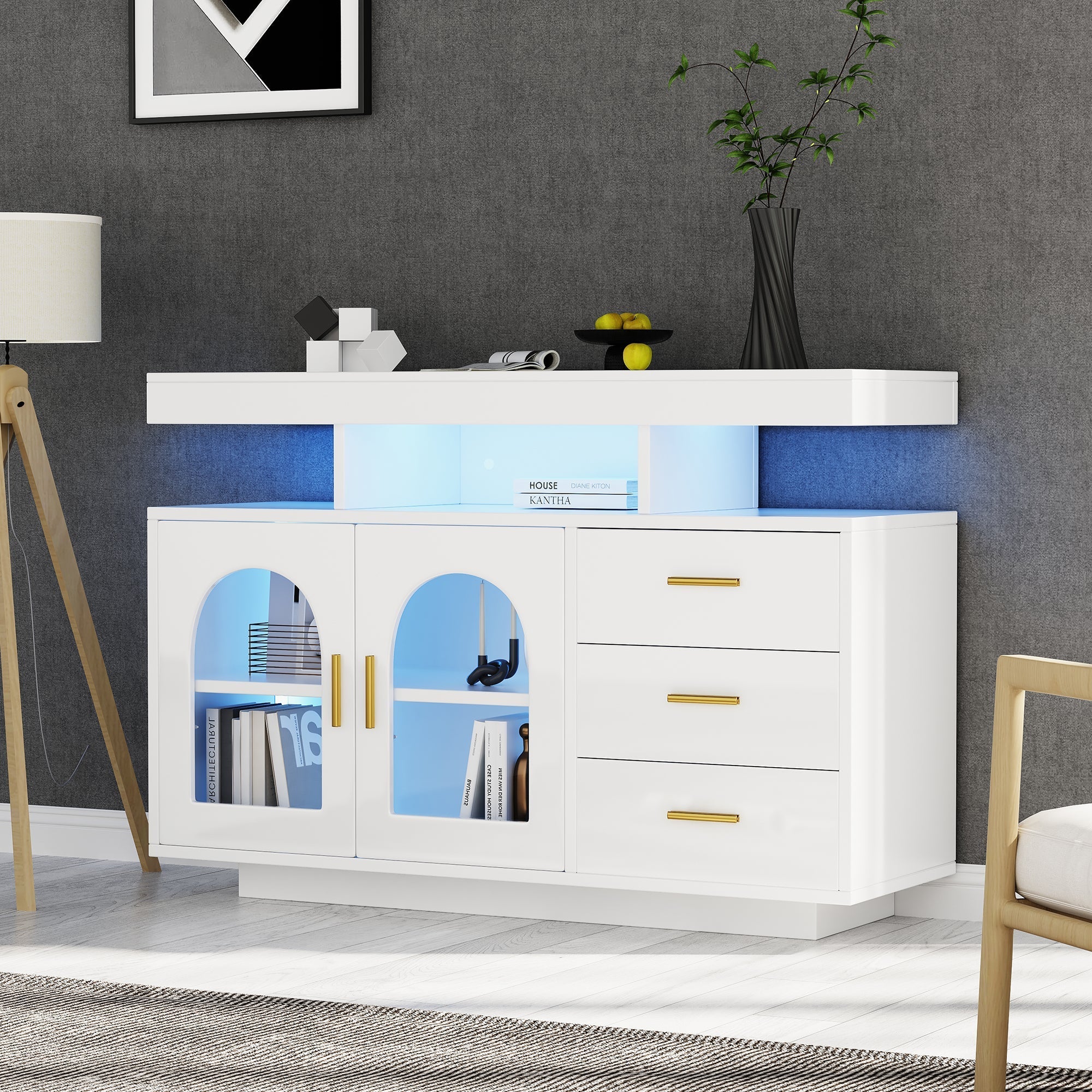 LED Sideboard Buffet 120cm High Gloss Coffee Bar Drawer Cabinet 16 Color Lights White