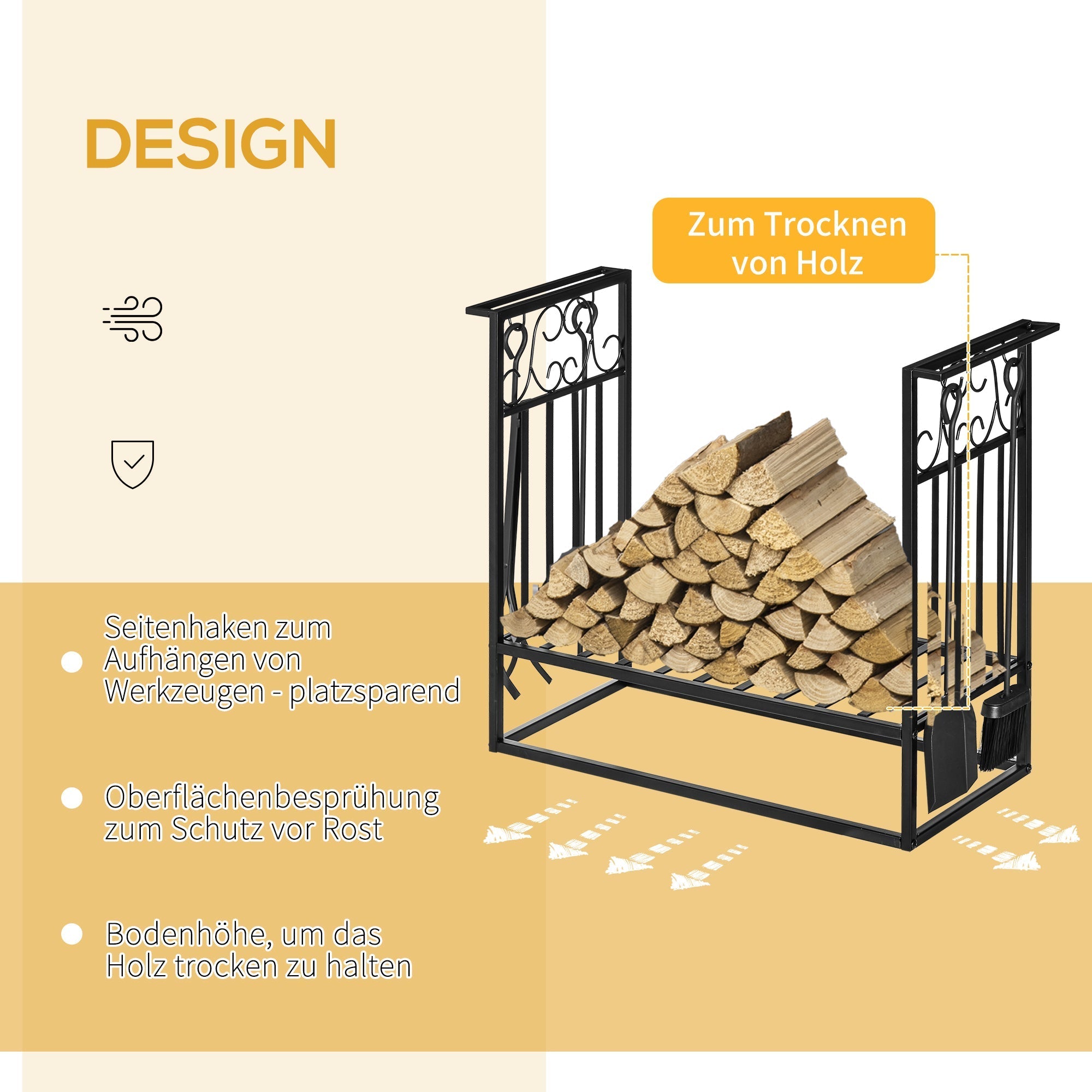 Firewood Rack with Fireplace Tools, 75 x 30 x 60 cm, Black Steel