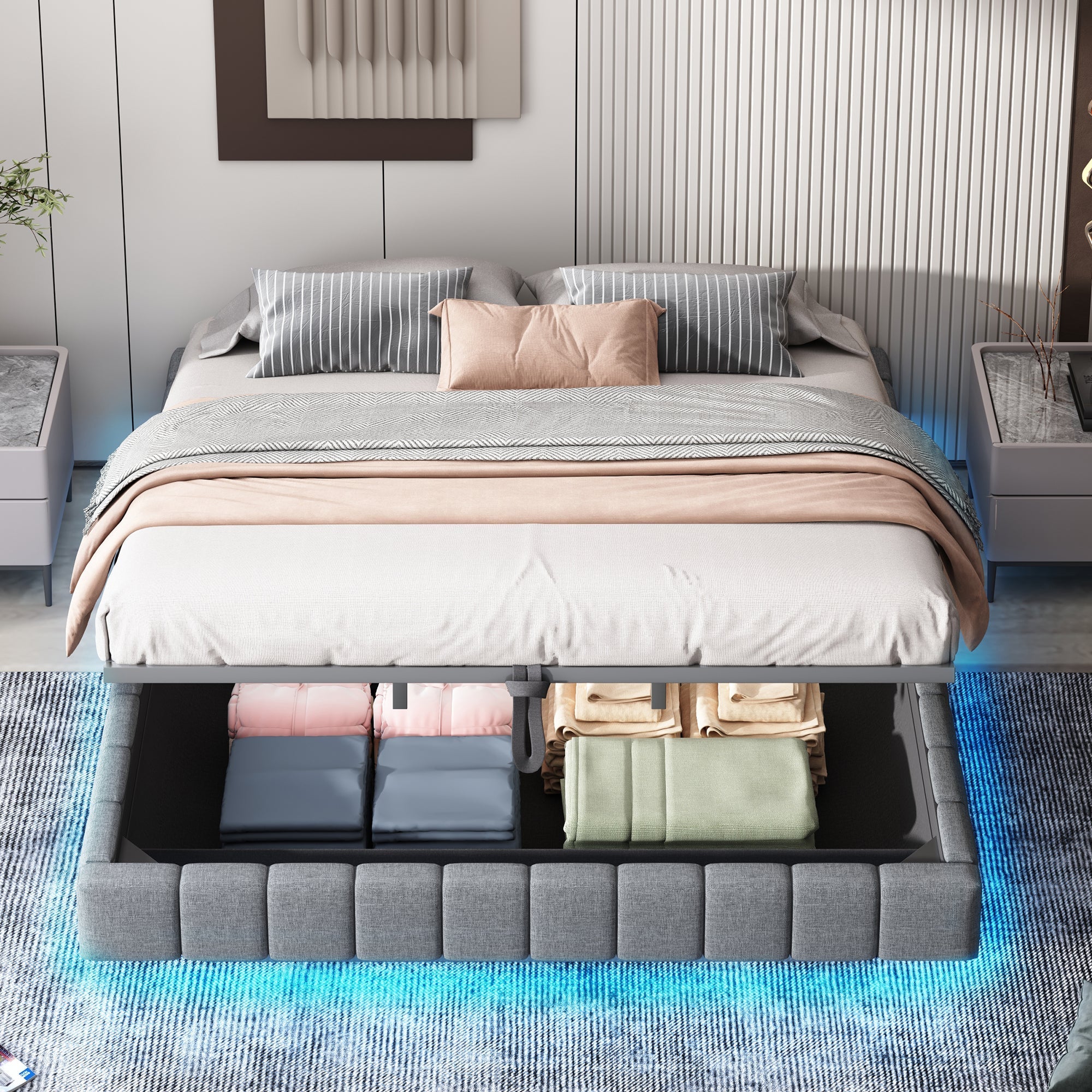 Upholstered Bed 180x200cm Hydraulic Storage LED Light Floating Frame, Linen Grey