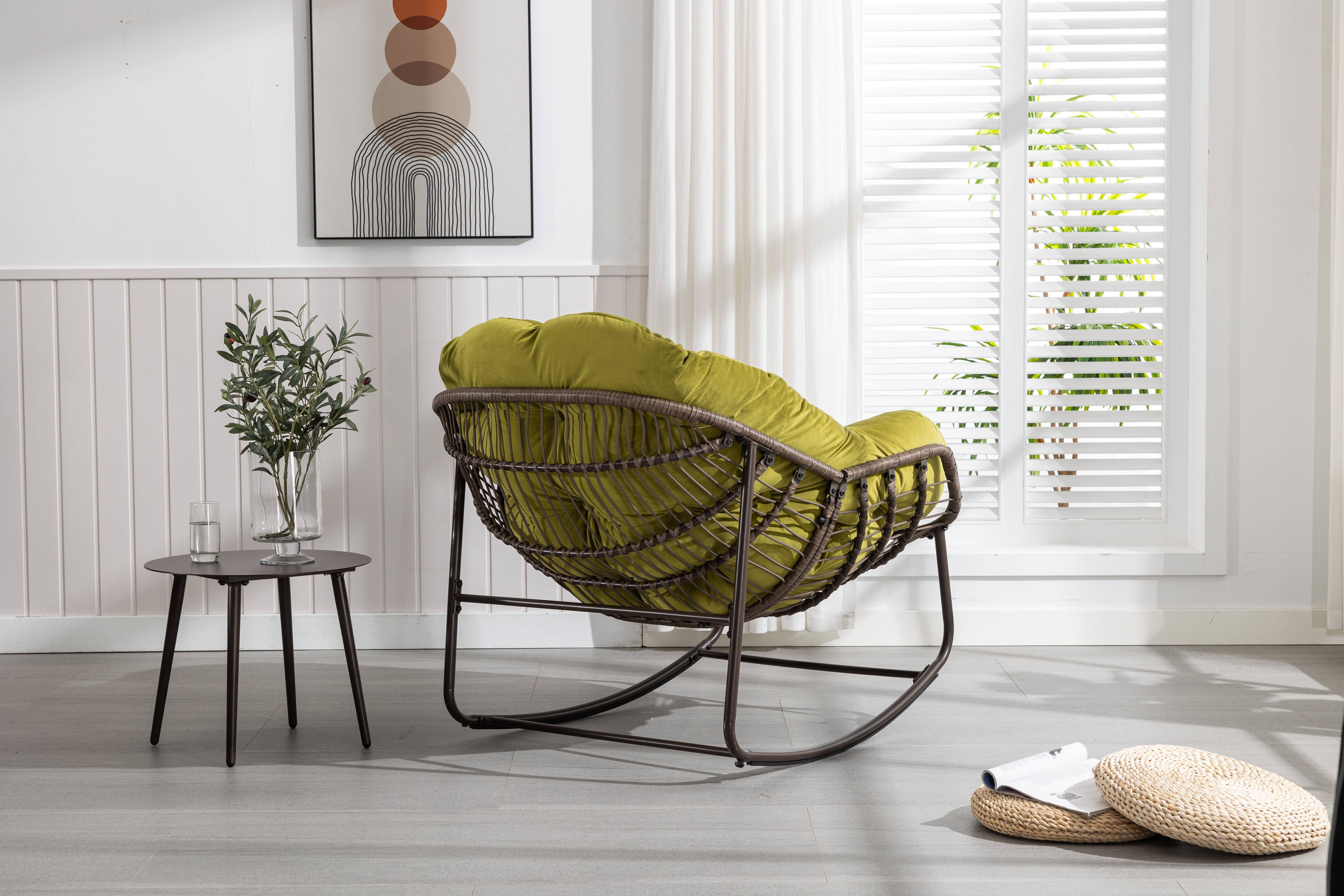 Outdoor Rattan Rocking Chair Padded Cushion Rocker Recliner Olive Green