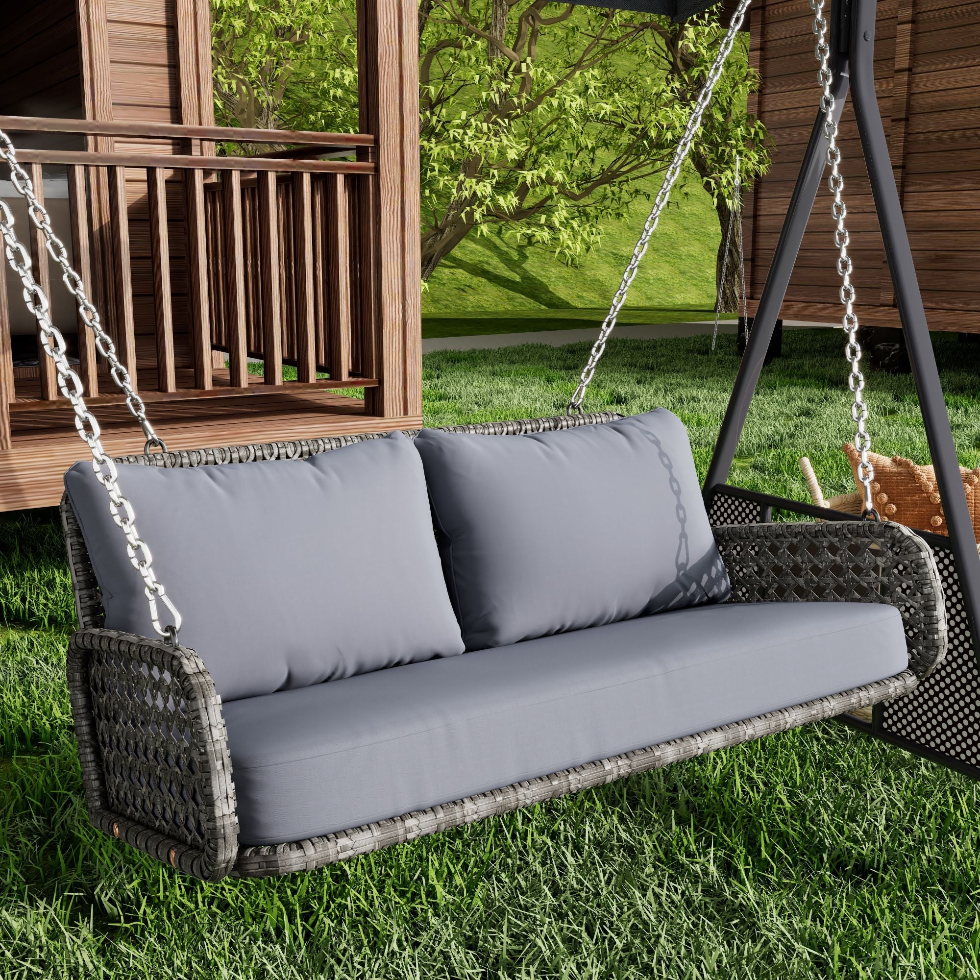 PE Rattan Double Swing Seat with Cushions and Chains, Grey