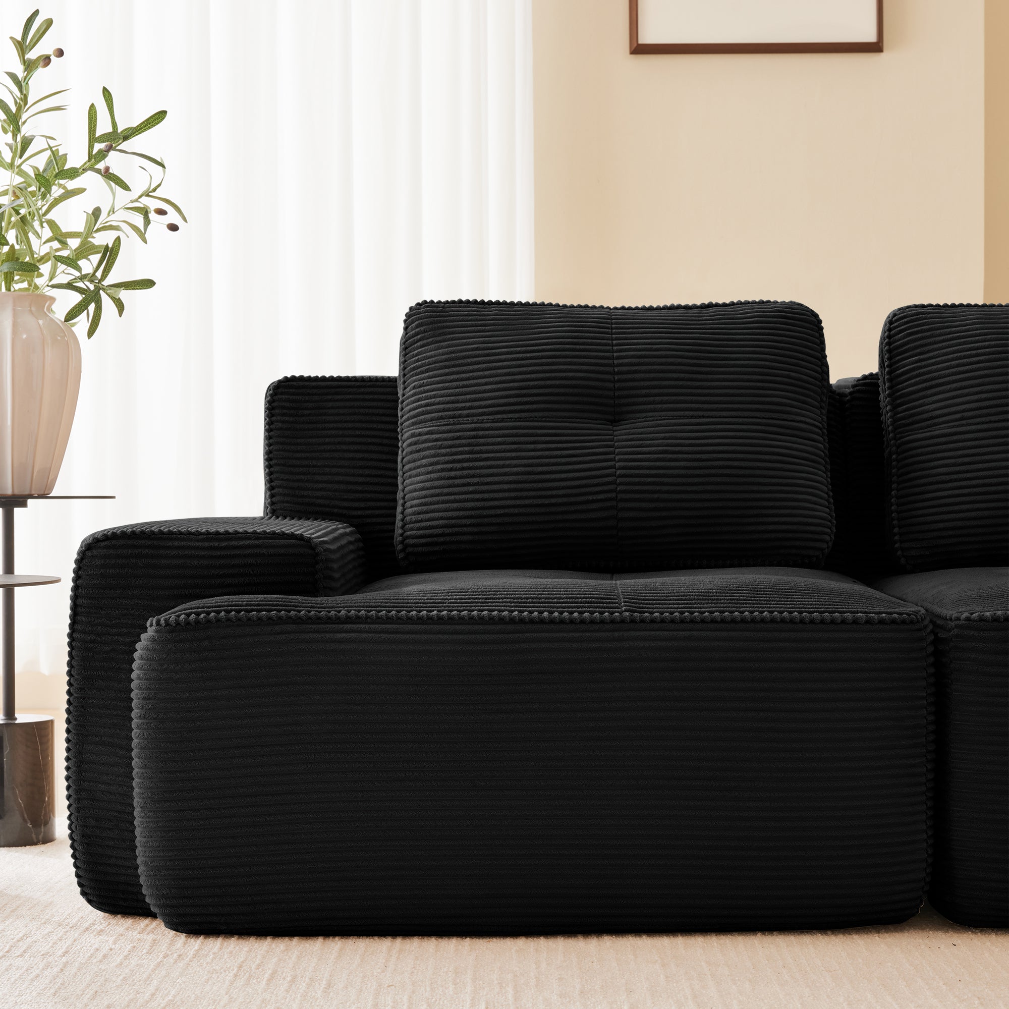 Boneless Modular Sofa L-Shaped Chaise 4-Seater Deep-Seat - Corduroy Black