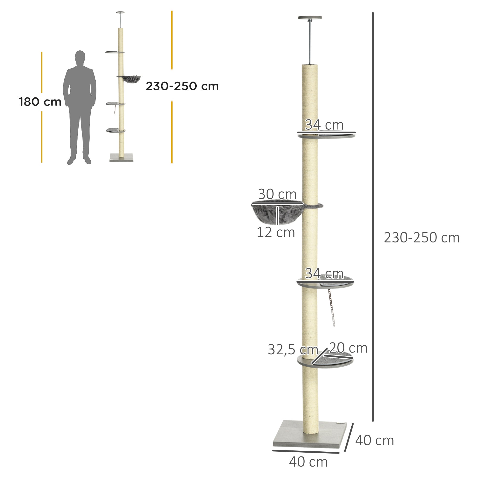 Cat Tree, Ceiling Height Adjustable with Scratching Posts, Grey Cream White