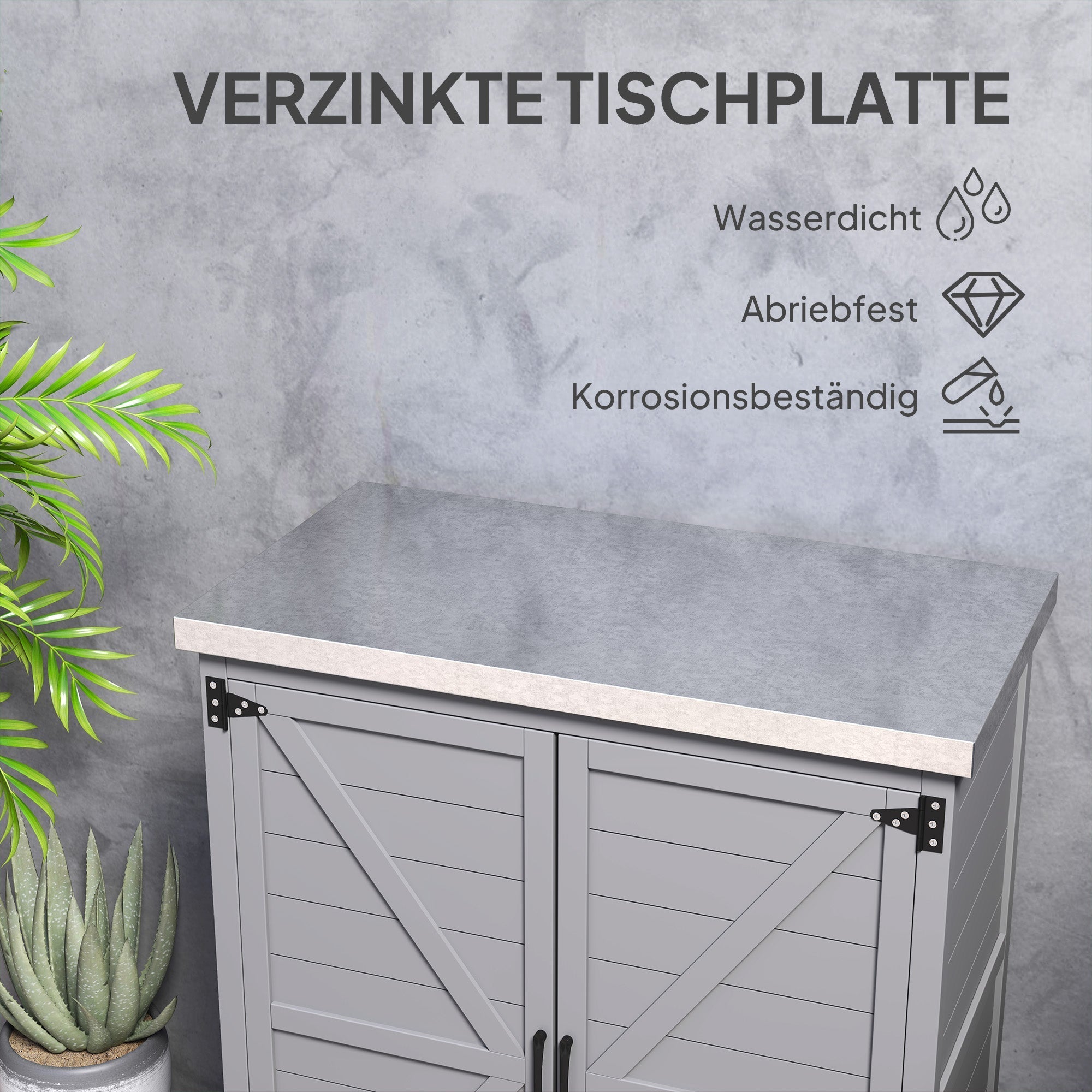 Wooden Garden Shed Outdoor Storage Cabinet with Worktop, Double Doors, Shelf, Grey
