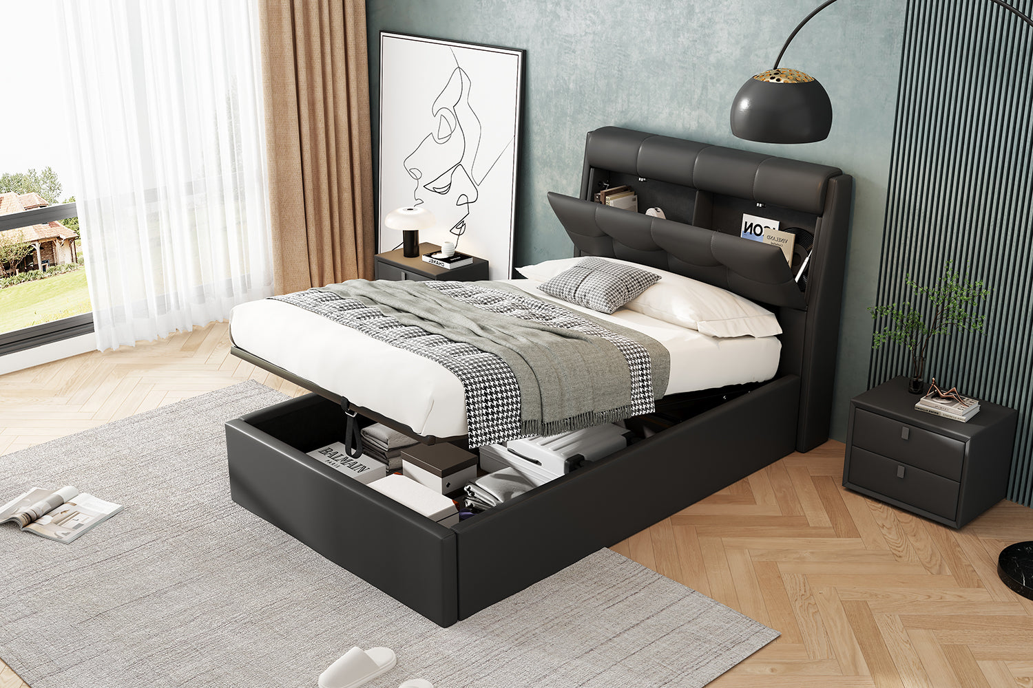 Upholstered Bed 90x200 Hydraulic Storage Concealed Headboard - PU Black