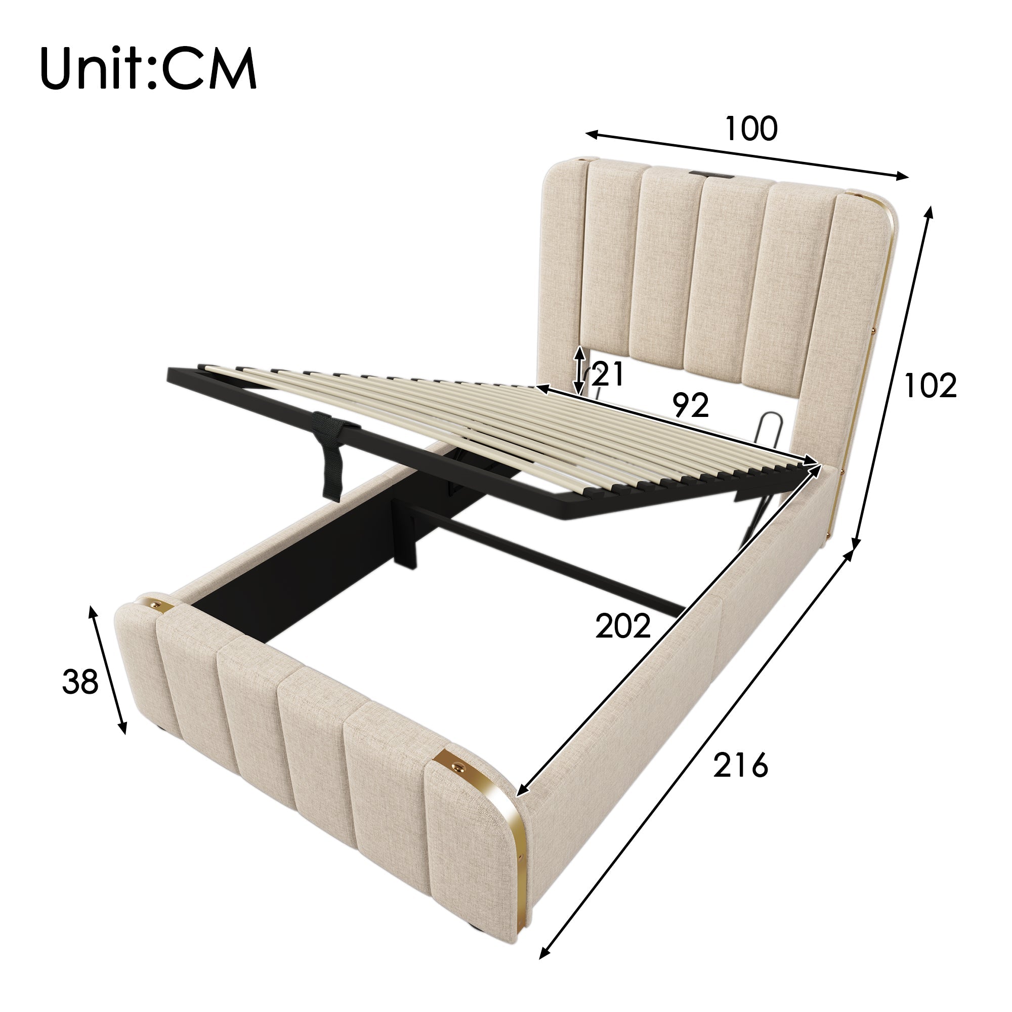 Upholstered Single Bed, USB Type-C, Hydraulic Storage, 90x200 cm, Beige Linen