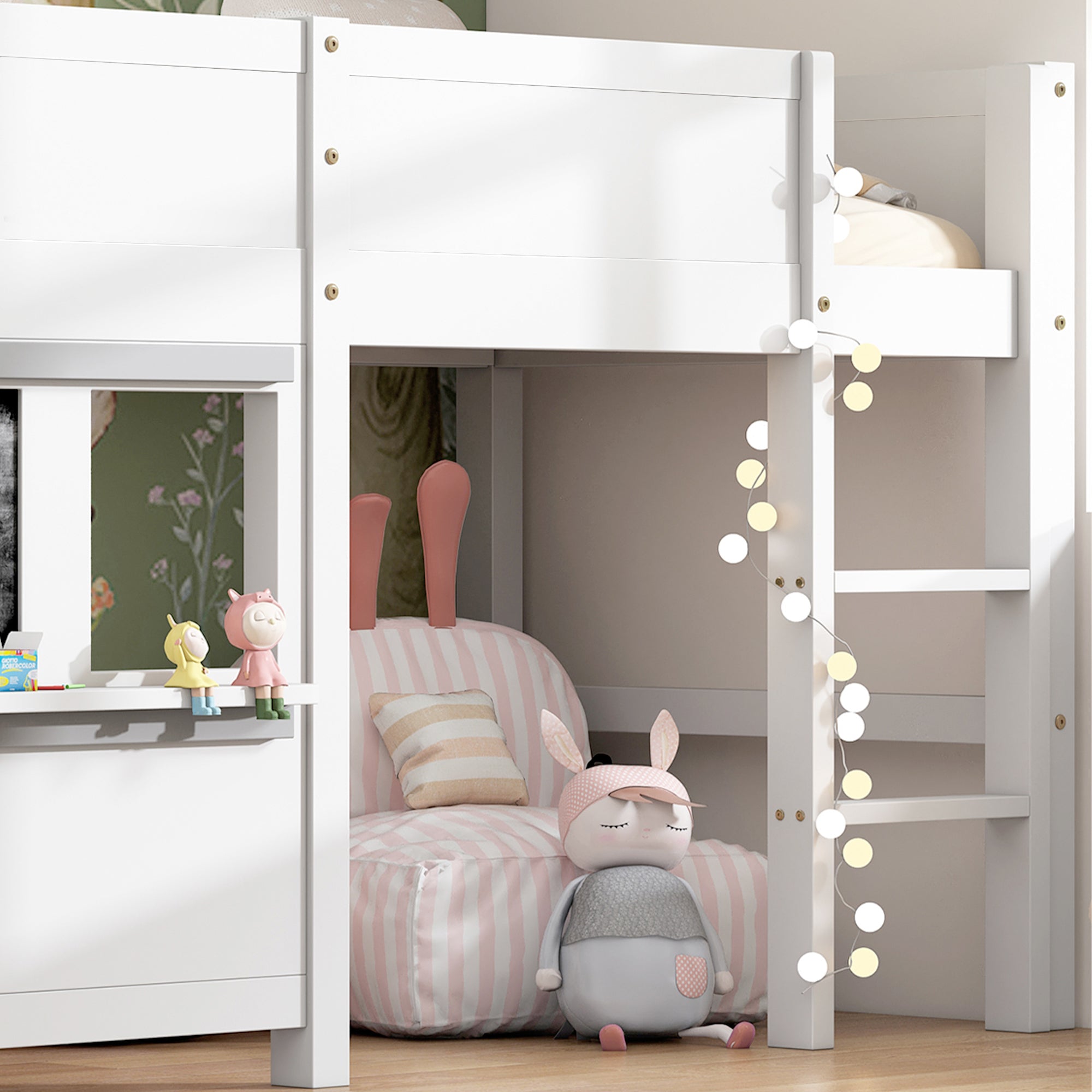 House Bunk Bed 90x200cm Graffiti Boards Small Shelf - White