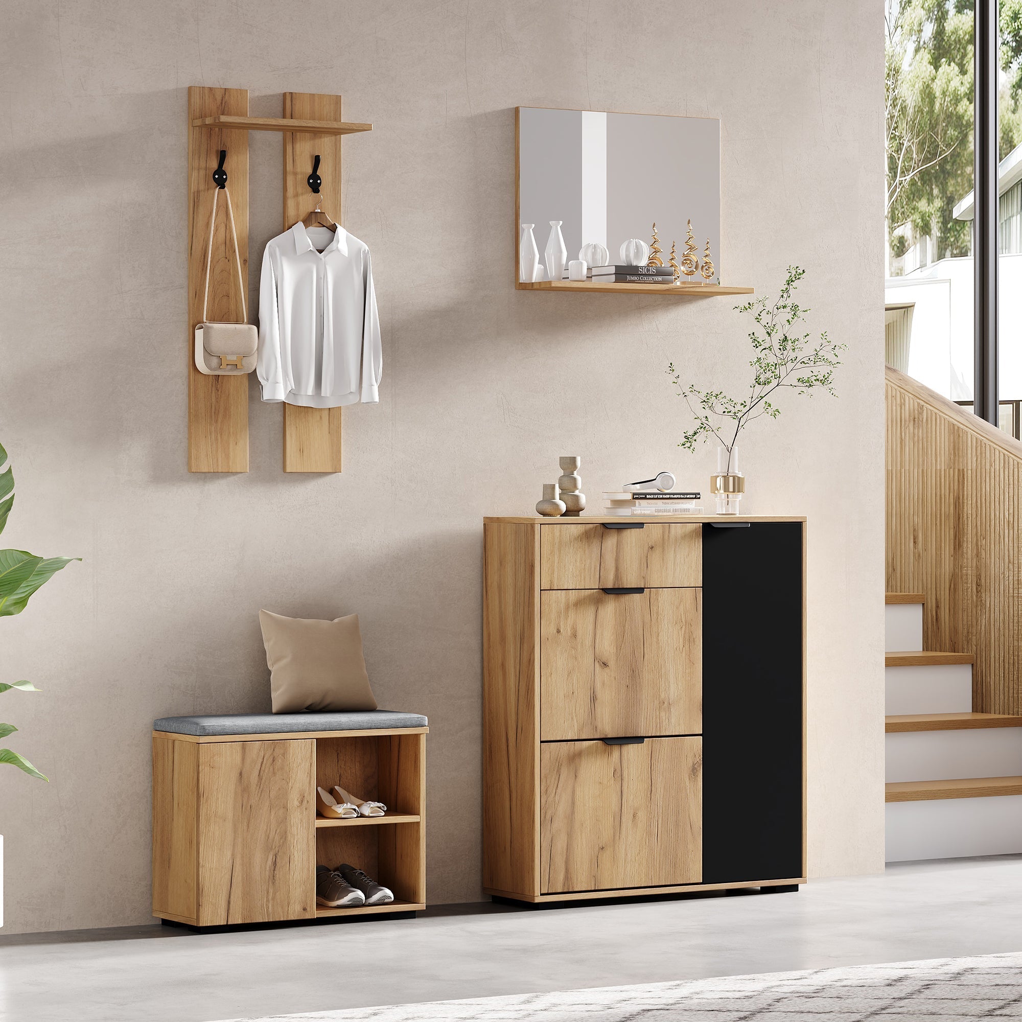 Hallway Wardrobe Set Wall-Mounted with Shoe Bench Shoe Cabinet Mirror Natural and Black