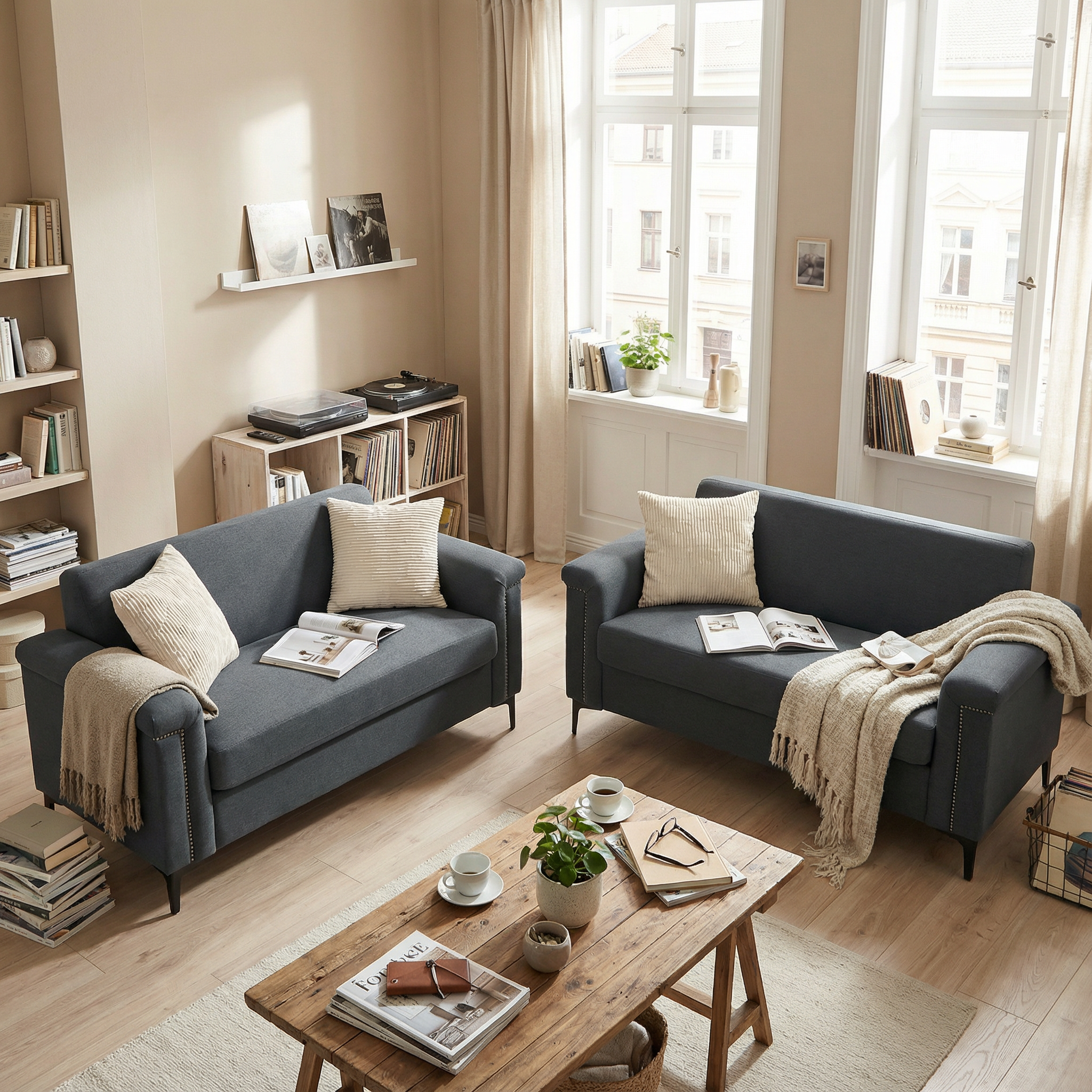 Modern 2-Seater Sofa Set, Space-Saving & Robust - Fabric