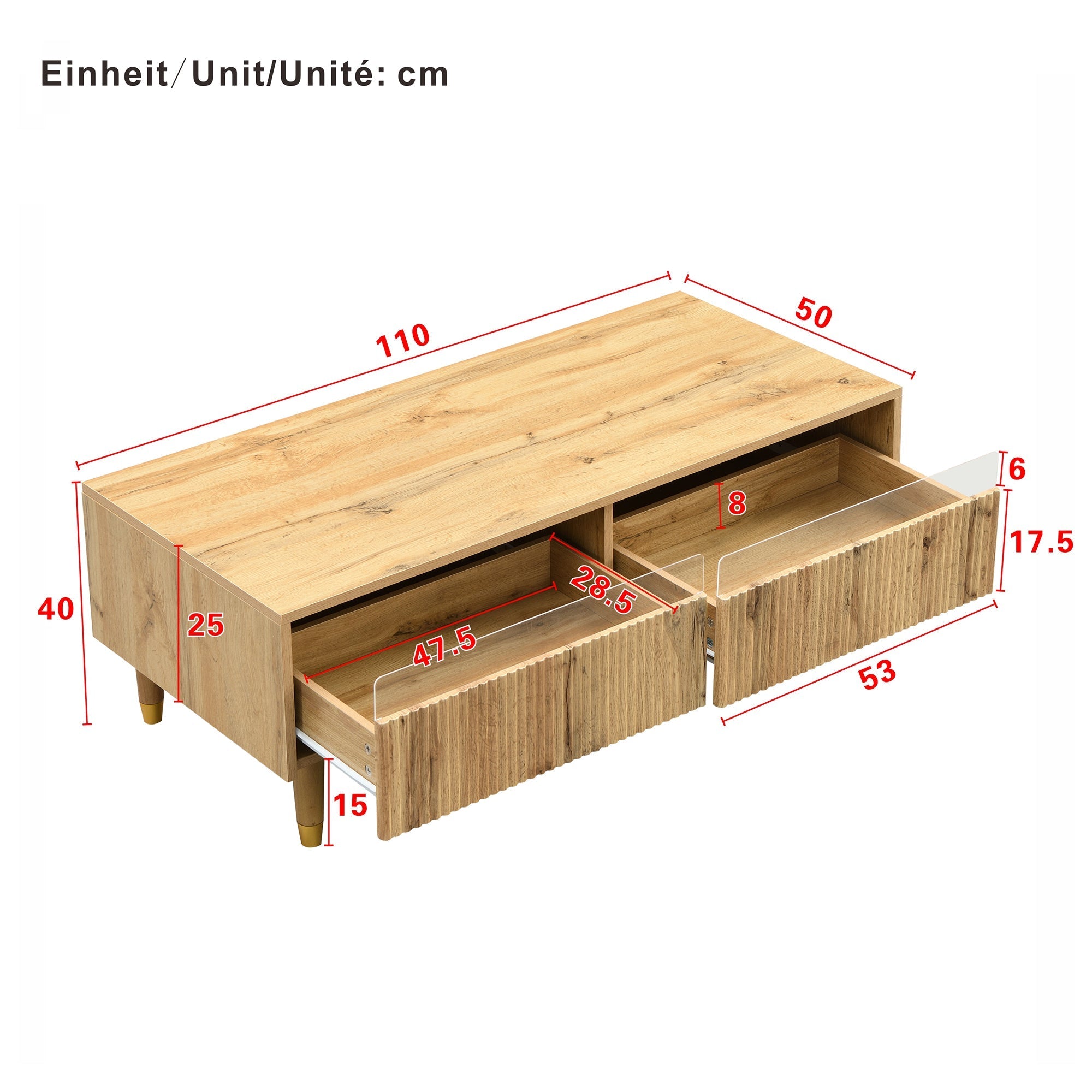 LED coffee table with wavy drawer top, two drawers, gold-wood
