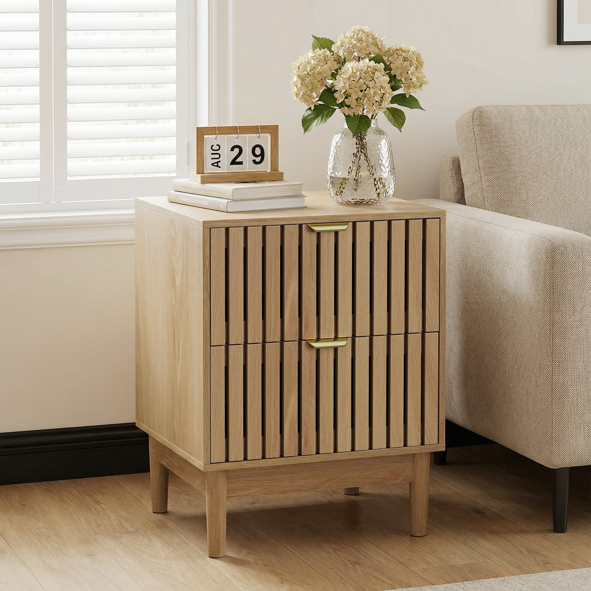 Mid-Century Modern Nightstand with 2 Drawers and Slatted Design, 45 x 39 x 56.5 cm, Oak-Colored Wood