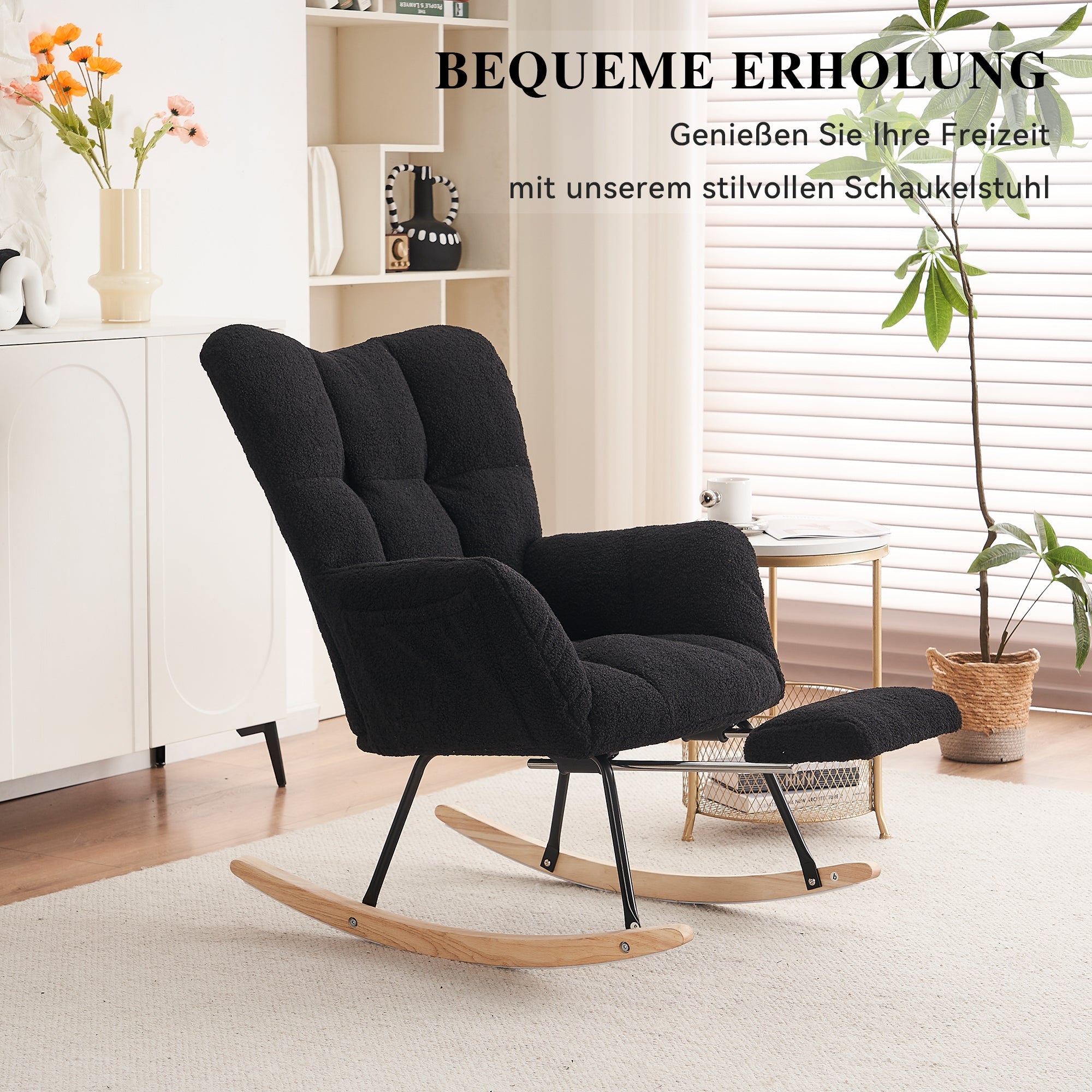 Modern Rocking Chair, Upholstered with Extendable Footrest, Black Teddy Taffeta