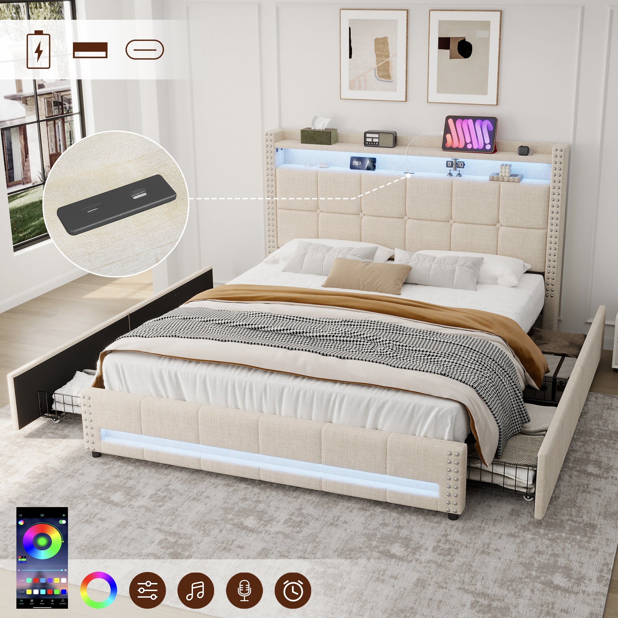 4ft6 Double Upholstered Storage Bed w/ LED, Charging Station, Linen Beige