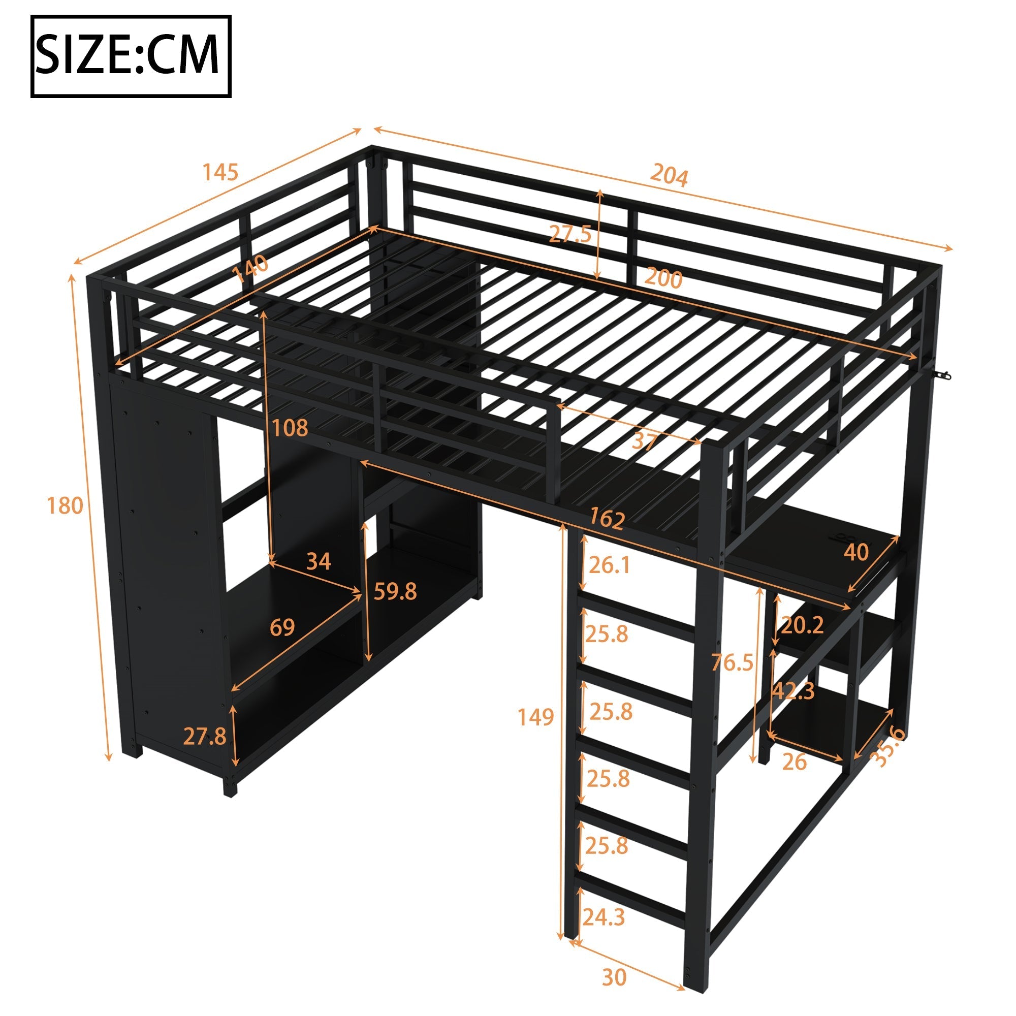 Metal Gaming Loft Bed 140x200 LED Desk Wardrobe Storage - Black
