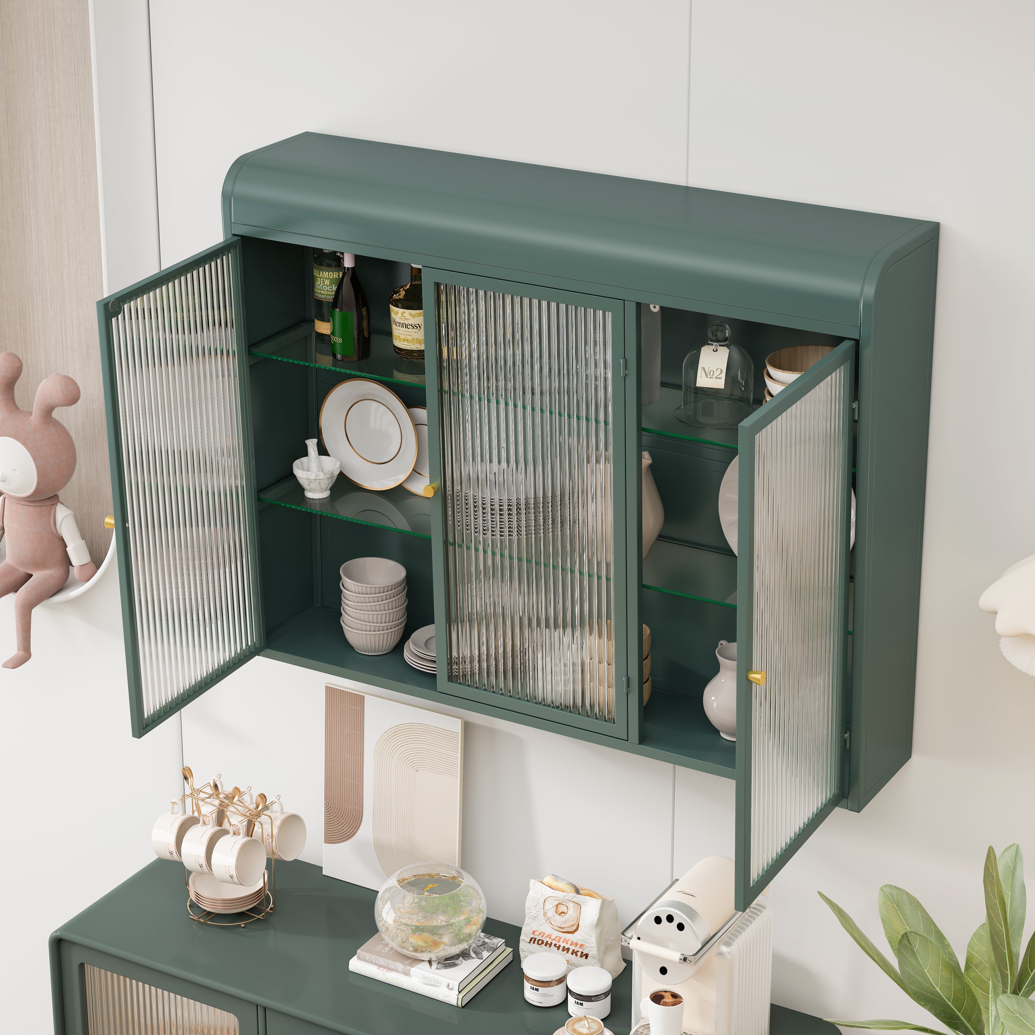 3 Door Arched Wall Mounted Glass Cabinets - Dark Green