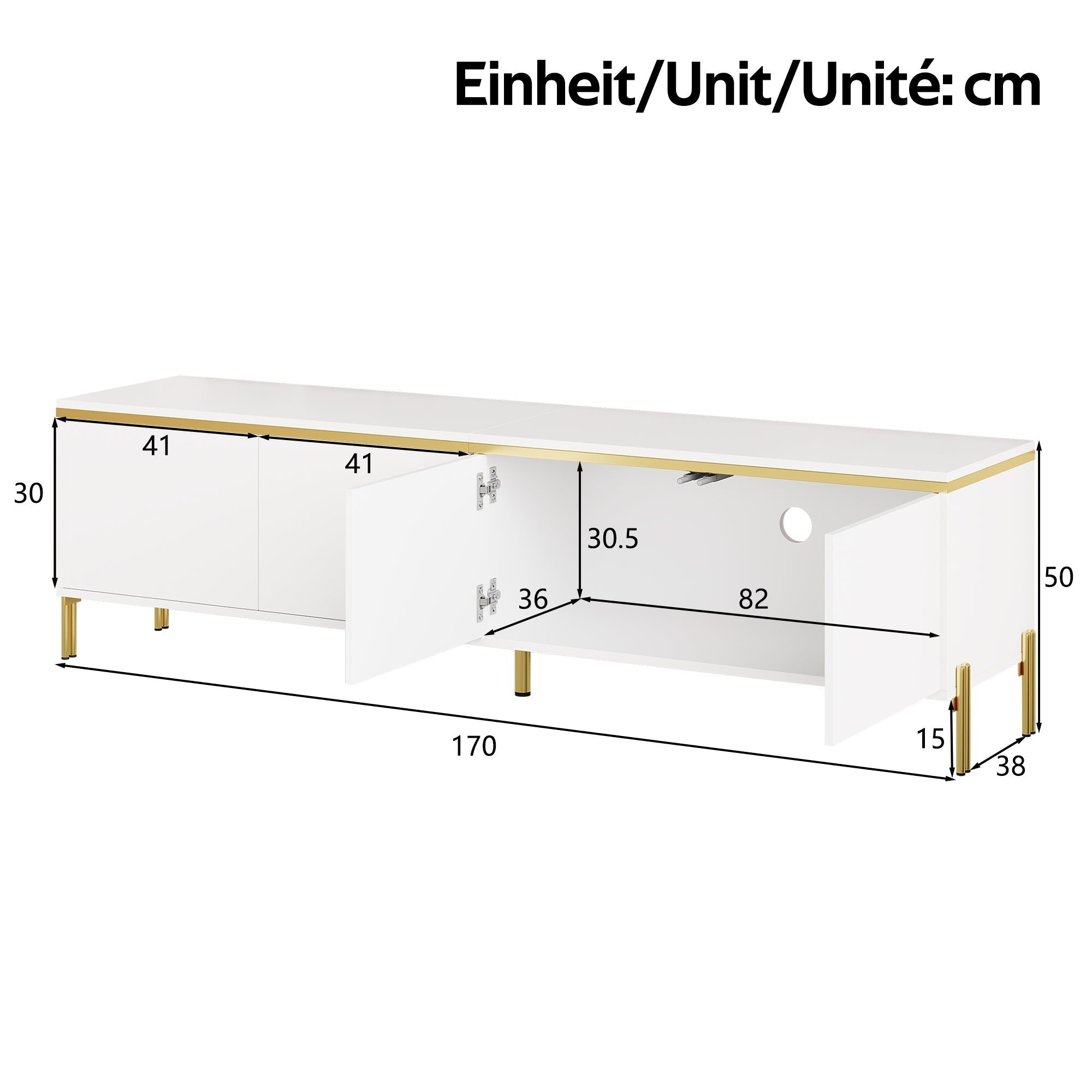 TV Stand Modern High-Gloss with 4 Cabinet Doors and Storage, Gold Edge Banding