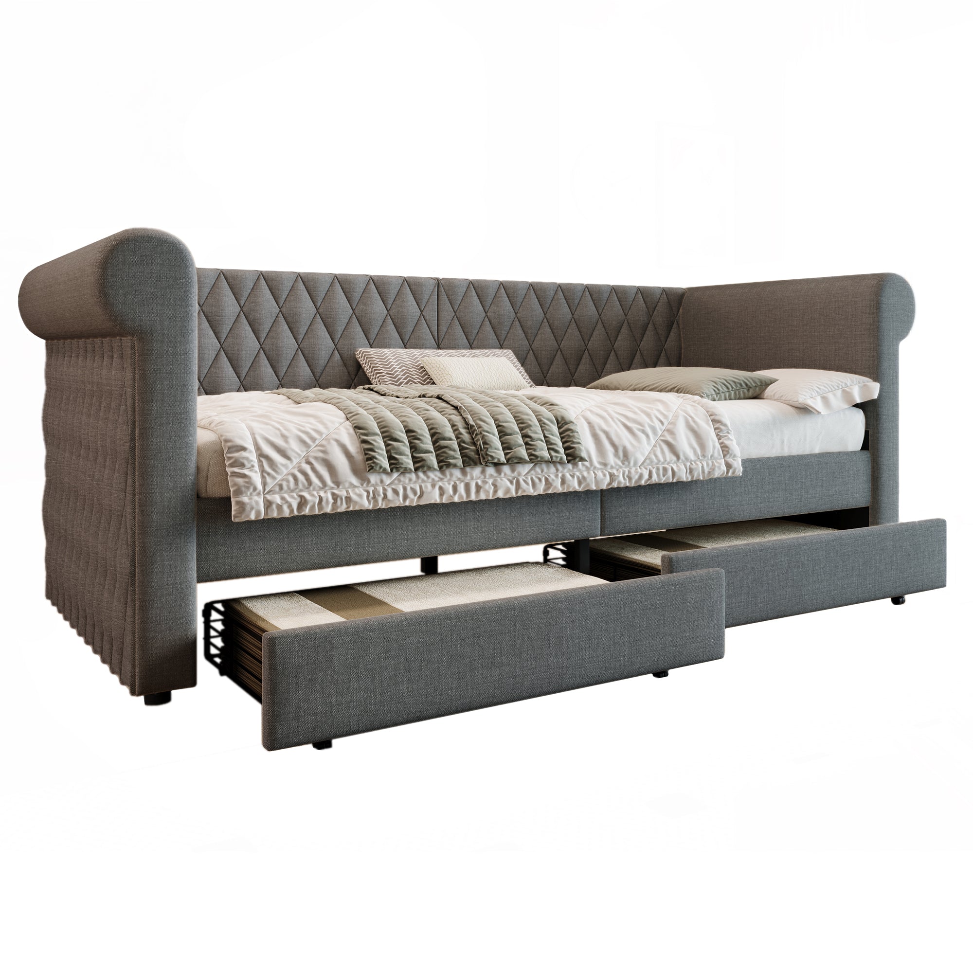 Vintage Headboard Upholstered Bed, 90x200 cm Daybed with 2 Storage Drawers, Linen Gray