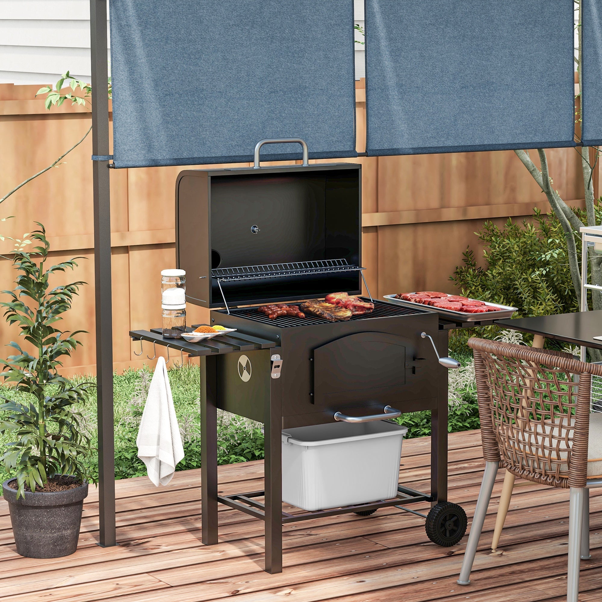 Charcoal Barbecue Grill Smoker, Adjustable Height with Shelves, Black