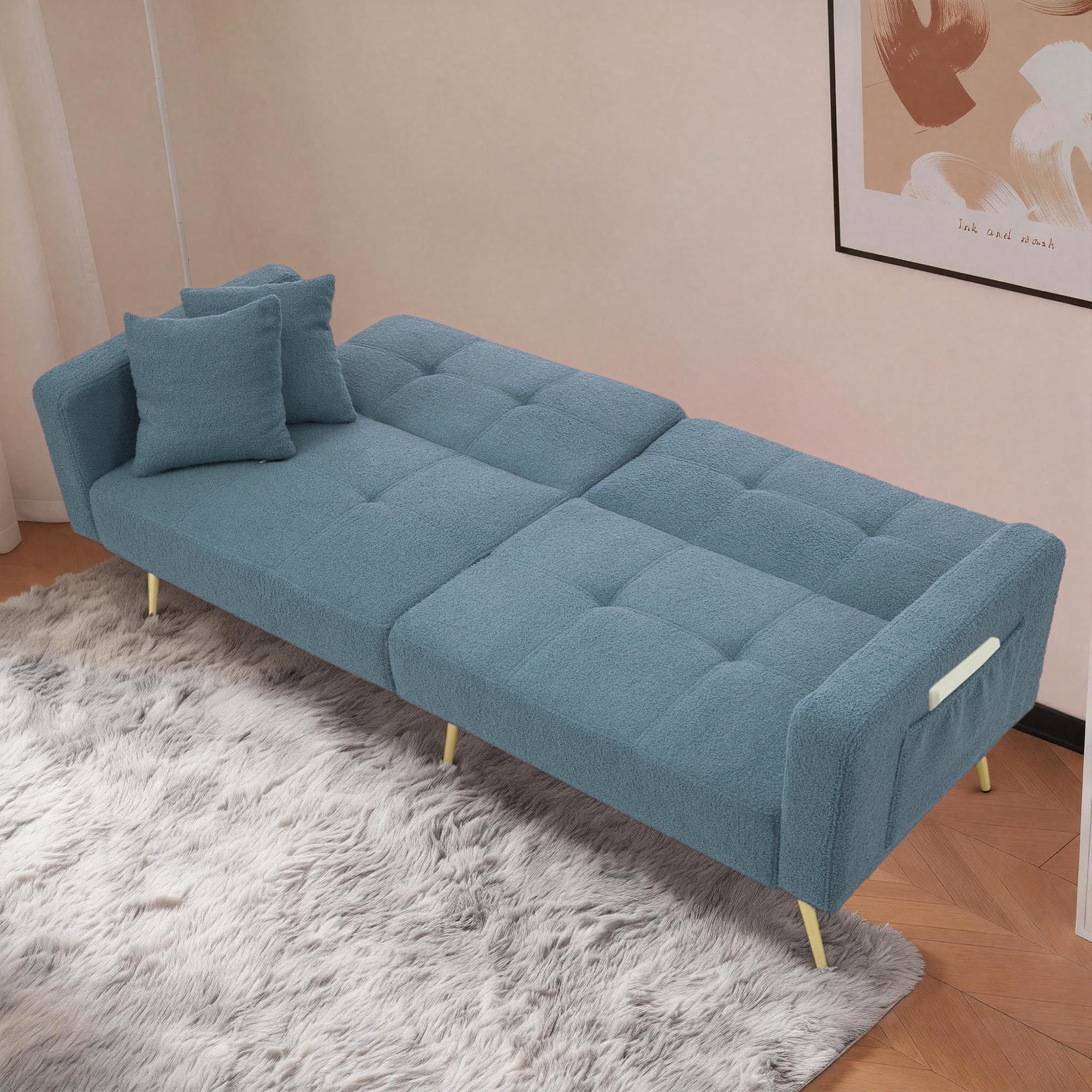 Sleeper Sofa with Adjustable Angle and Side Pockets, Smog Blue Sherpa