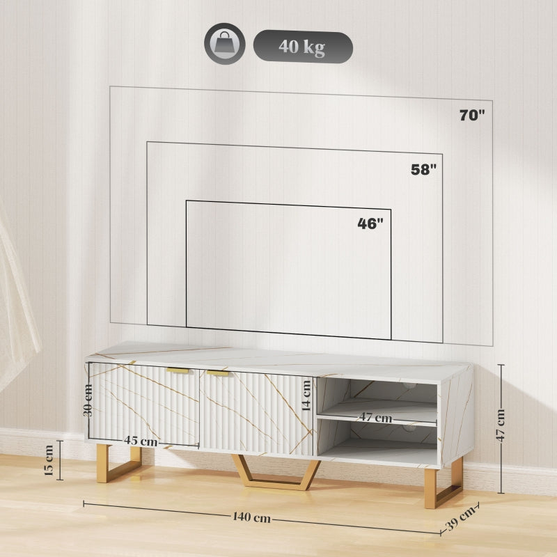 Marble Effect TV Unit Stand for 70" TVs, Fluted Door Storage, White